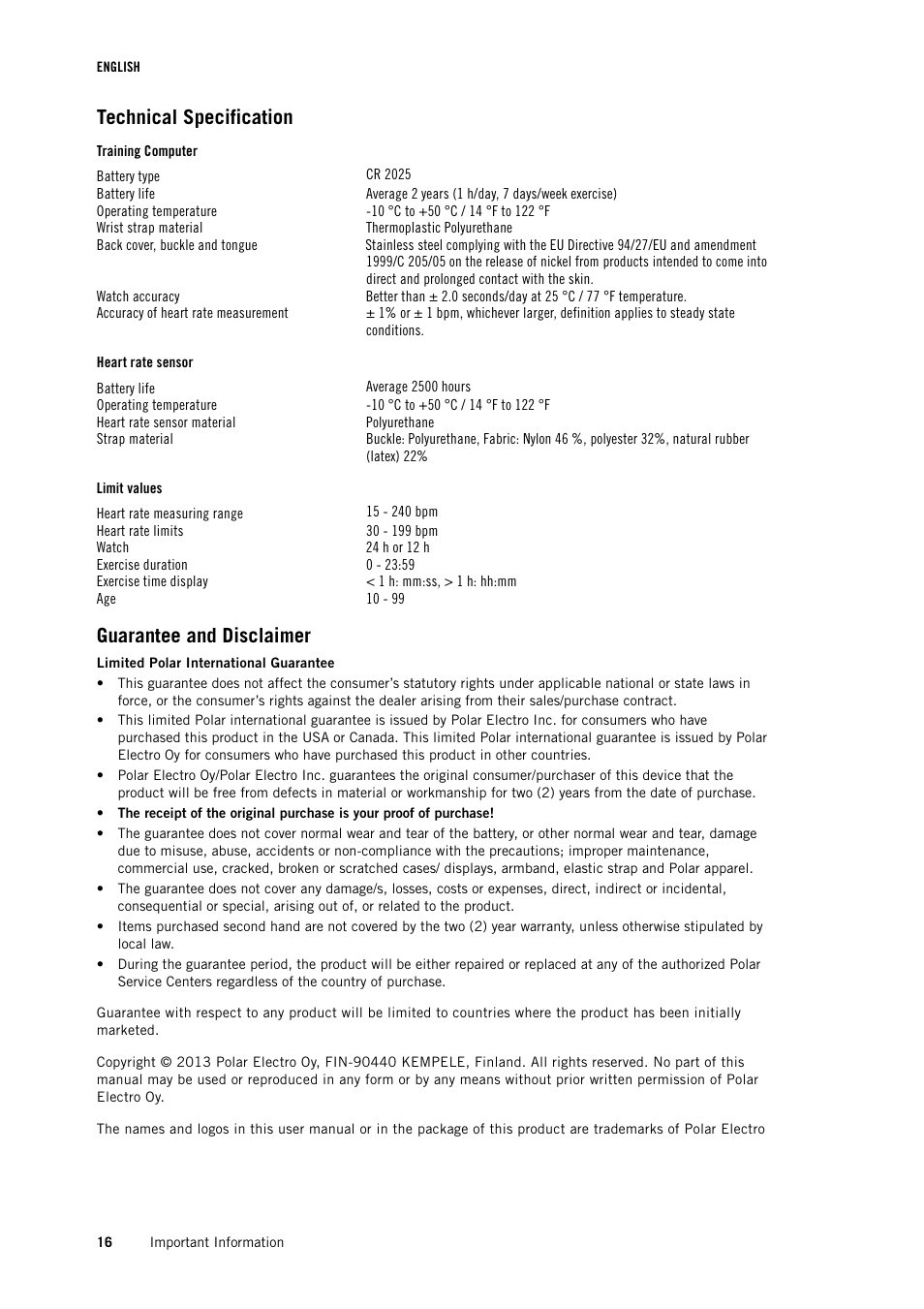 Technical specification, Guarantee and disclaimer | POLAR FT1 User Manual | Page 16 / 18