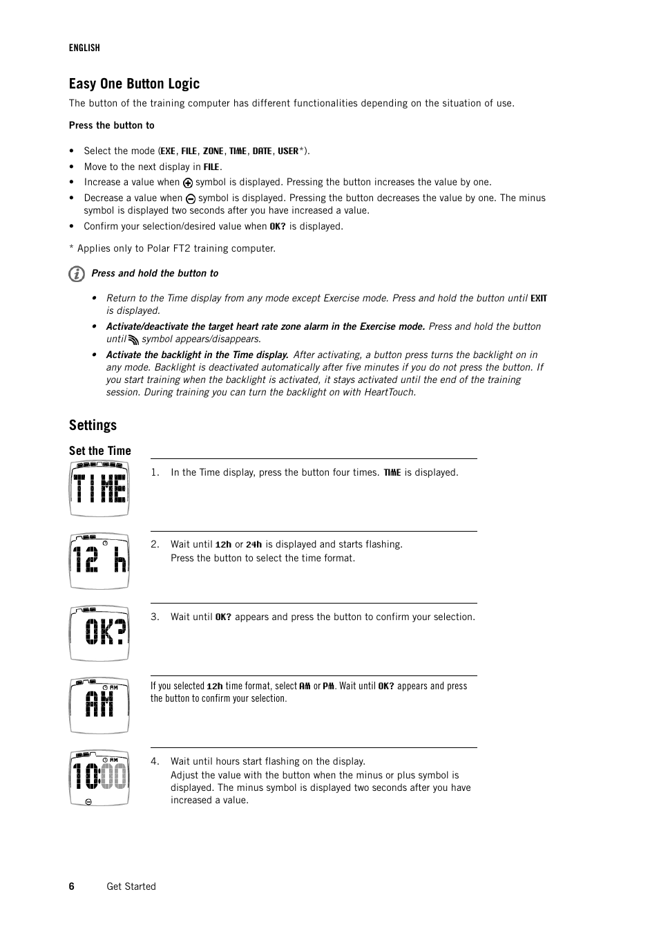 Easy one button logic, Settings, Set the time | POLAR FT1 User Manual | Page 6 / 18