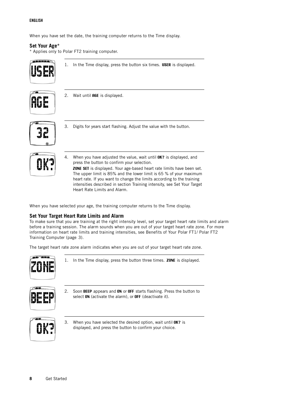 Set your age, Set your target heart rate limits and alarm | POLAR FT1 User Manual | Page 8 / 18