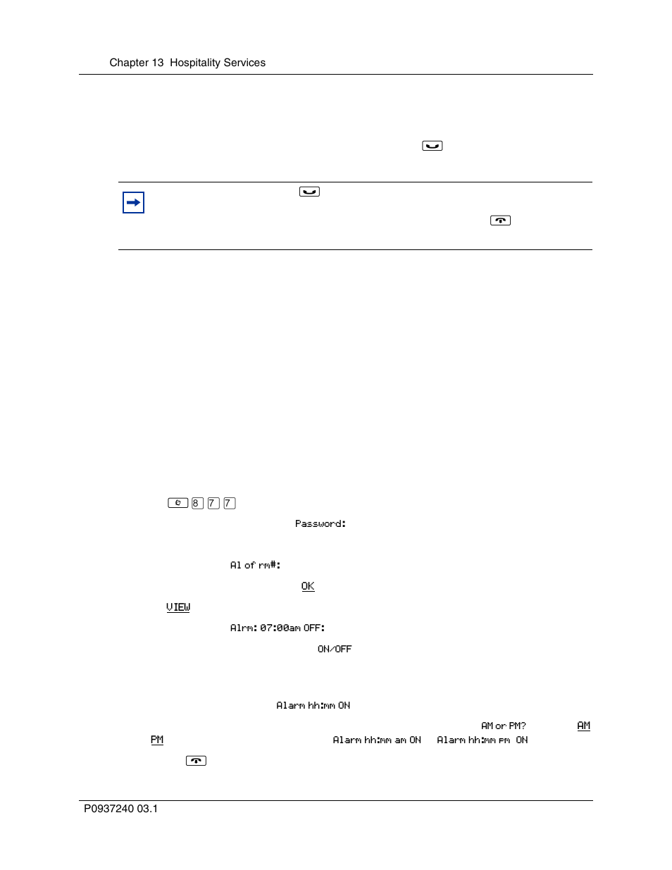 Turn off an alarm, Hospitality services admin alarm feature | Nortel Networks T7316 User Manual | Page 140 / 188