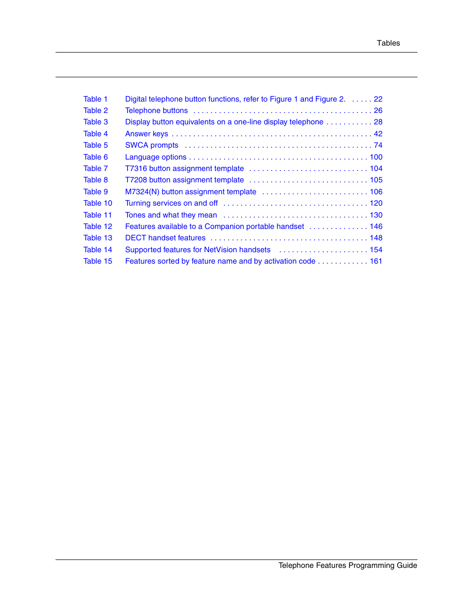 Tables | Nortel Networks T7316 User Manual | Page 15 / 188