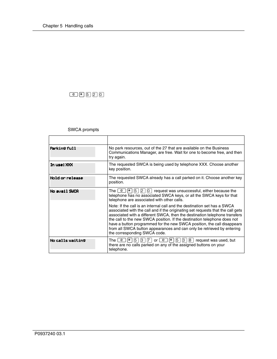 Manually associating a call, Parking a call to an swca key, Table 5 | Swca prompts | Nortel Networks T7316 User Manual | Page 74 / 188