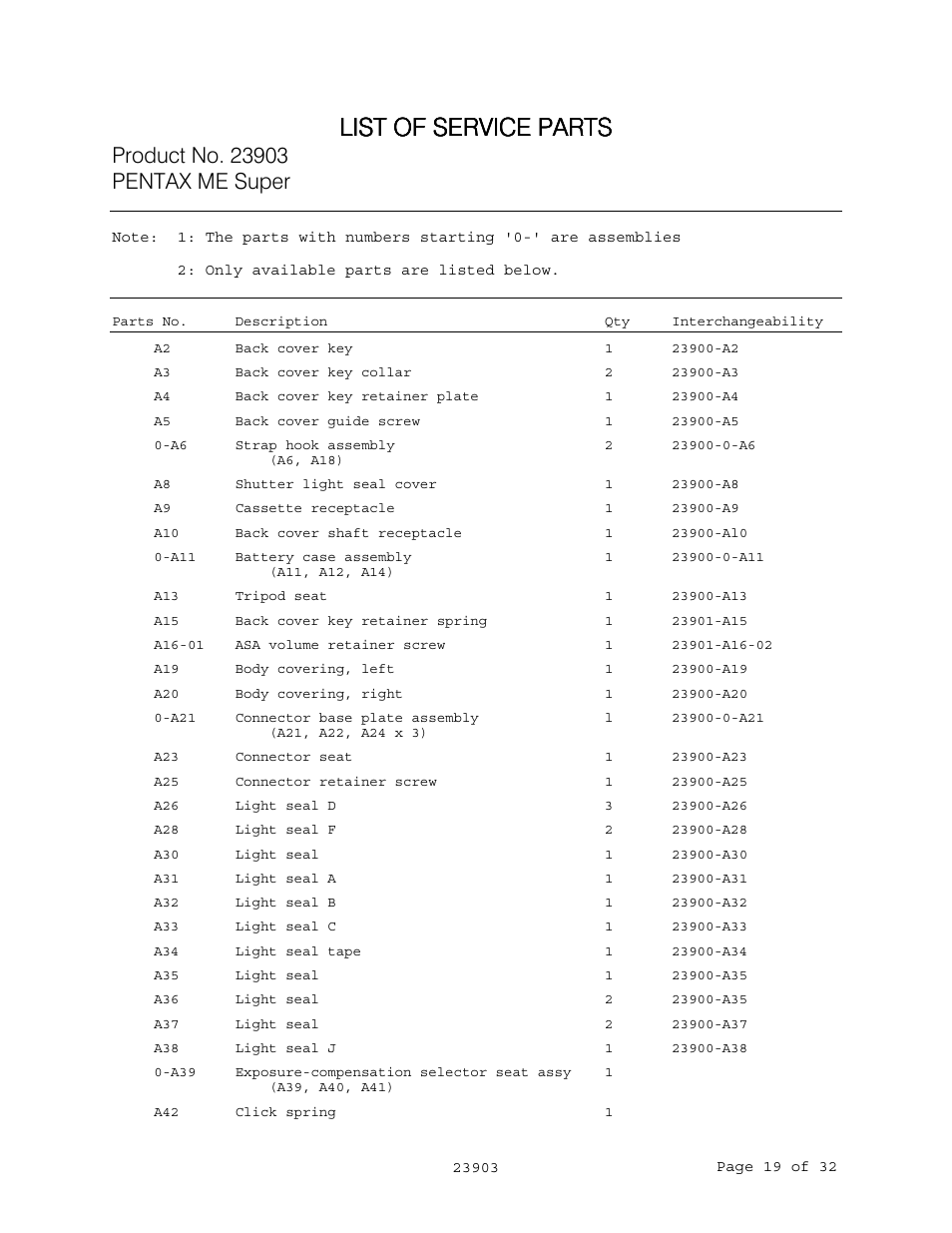 List of service parts | Pentax me super User Manual | Page 20 / 33