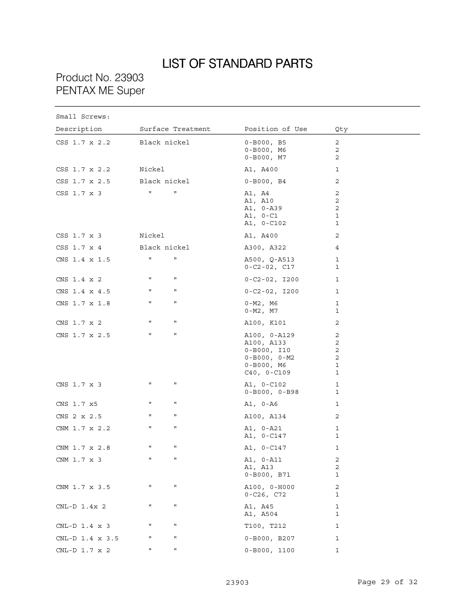 List of standard parts | Pentax me super User Manual | Page 30 / 33
