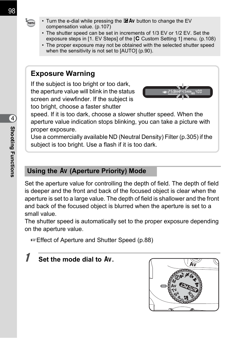 P.98, Exposure warning | Pentax K-X User Manual | Page 100 / 324