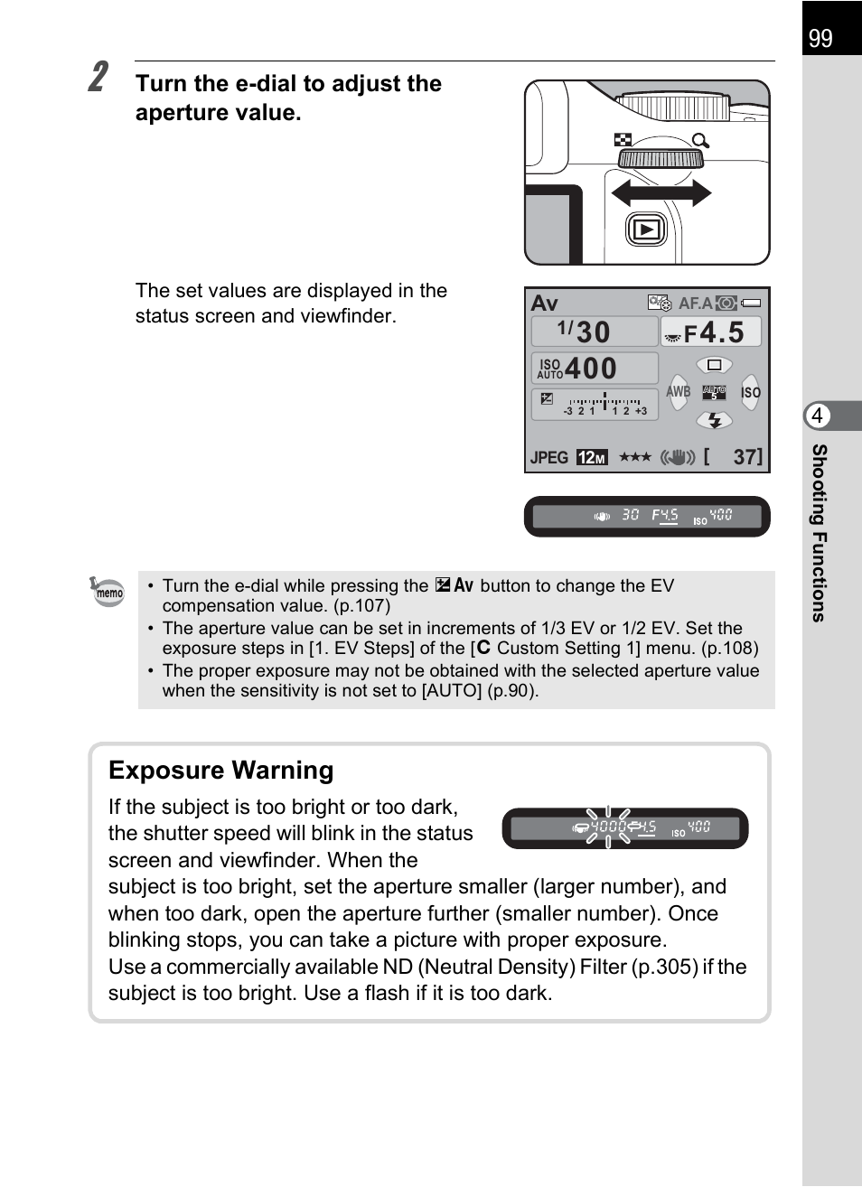 Exposure warning, Turn the e-dial to adjust the aperture value | Pentax K-X User Manual | Page 101 / 324