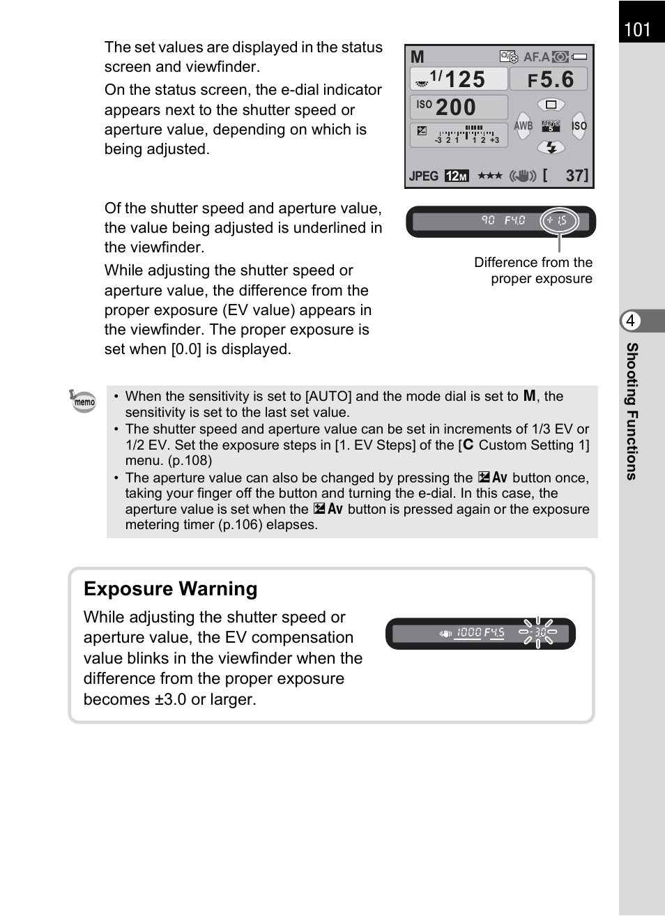 P.101), Exposure warning | Pentax K-X User Manual | Page 103 / 324