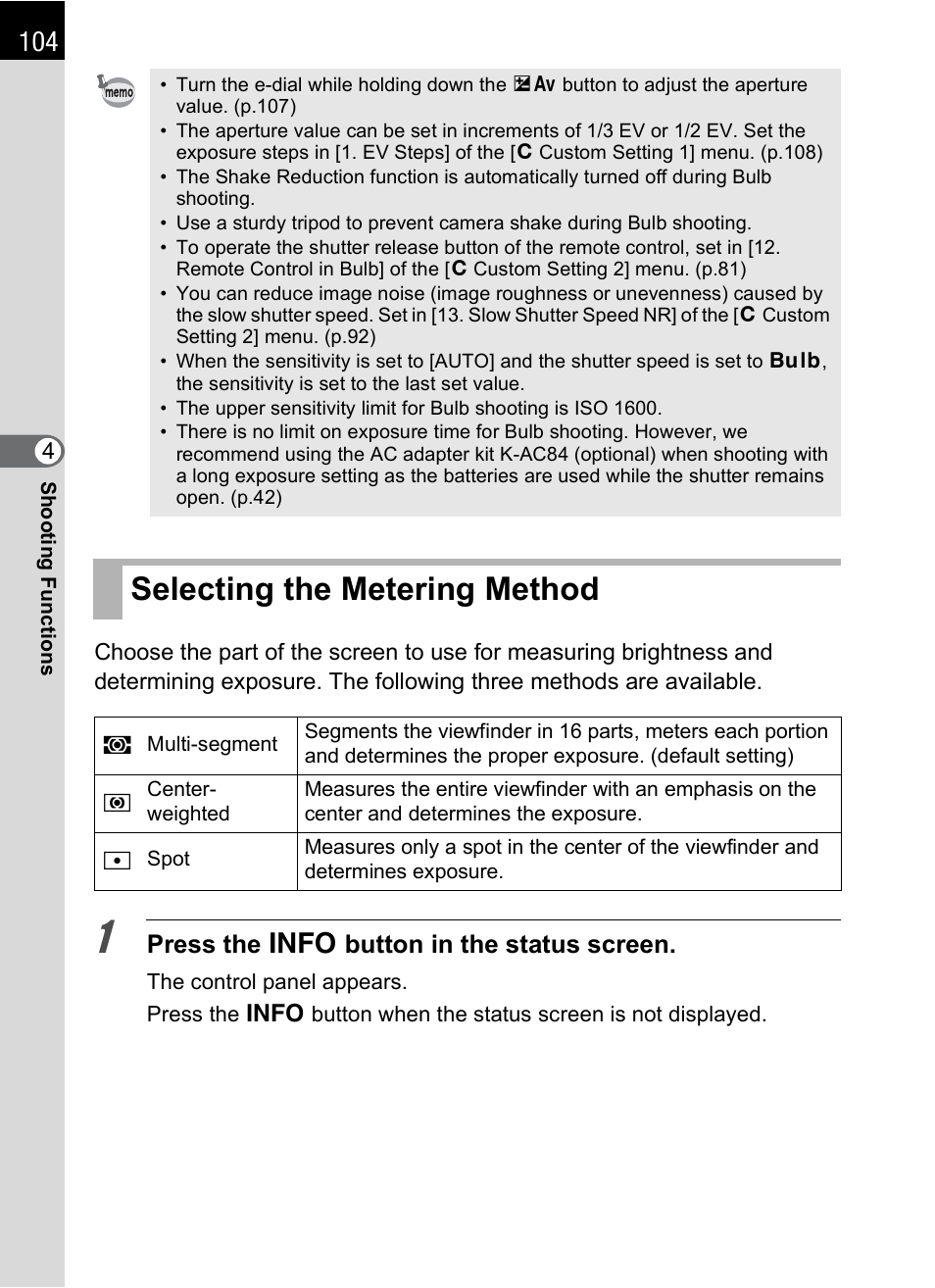 Selecting the metering method, P.104), P.104 | Pentax K-X User Manual | Page 106 / 324