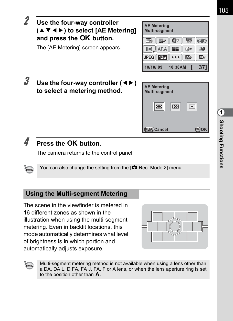 Press the 4 button, Using the multi-segment metering | Pentax K-X User Manual | Page 107 / 324