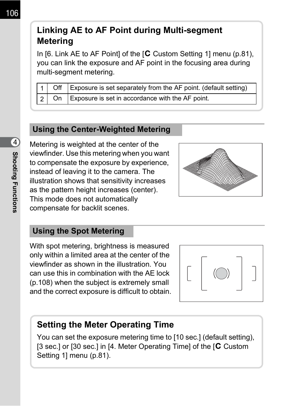 P.106, Setting the meter operating time | Pentax K-X User Manual | Page 108 / 324