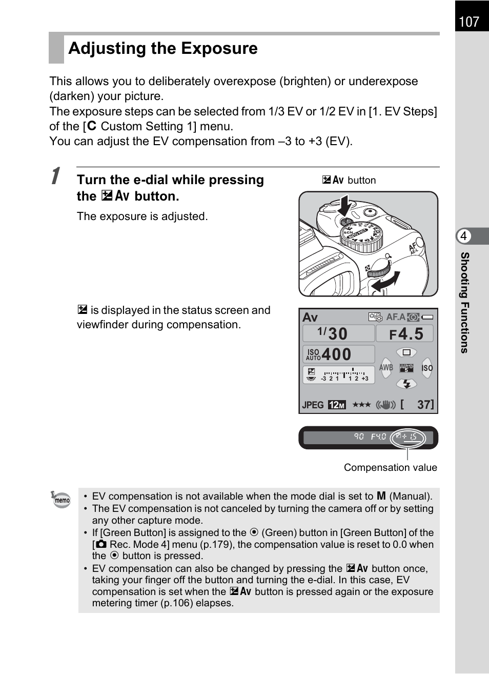 Adjusting the exposure, P.107), Adjusting the exposure (p.107) | P.107, Turn the e-dial while pressing the mc button | Pentax K-X User Manual | Page 109 / 324