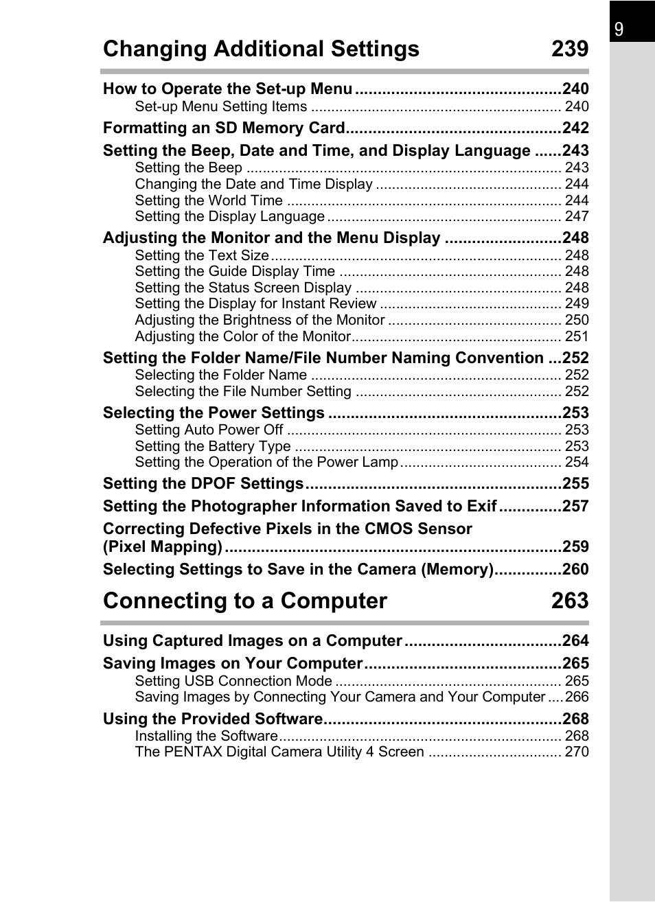 Changing additional settings 239, Connecting to a computer 263 | Pentax K-X User Manual | Page 11 / 324