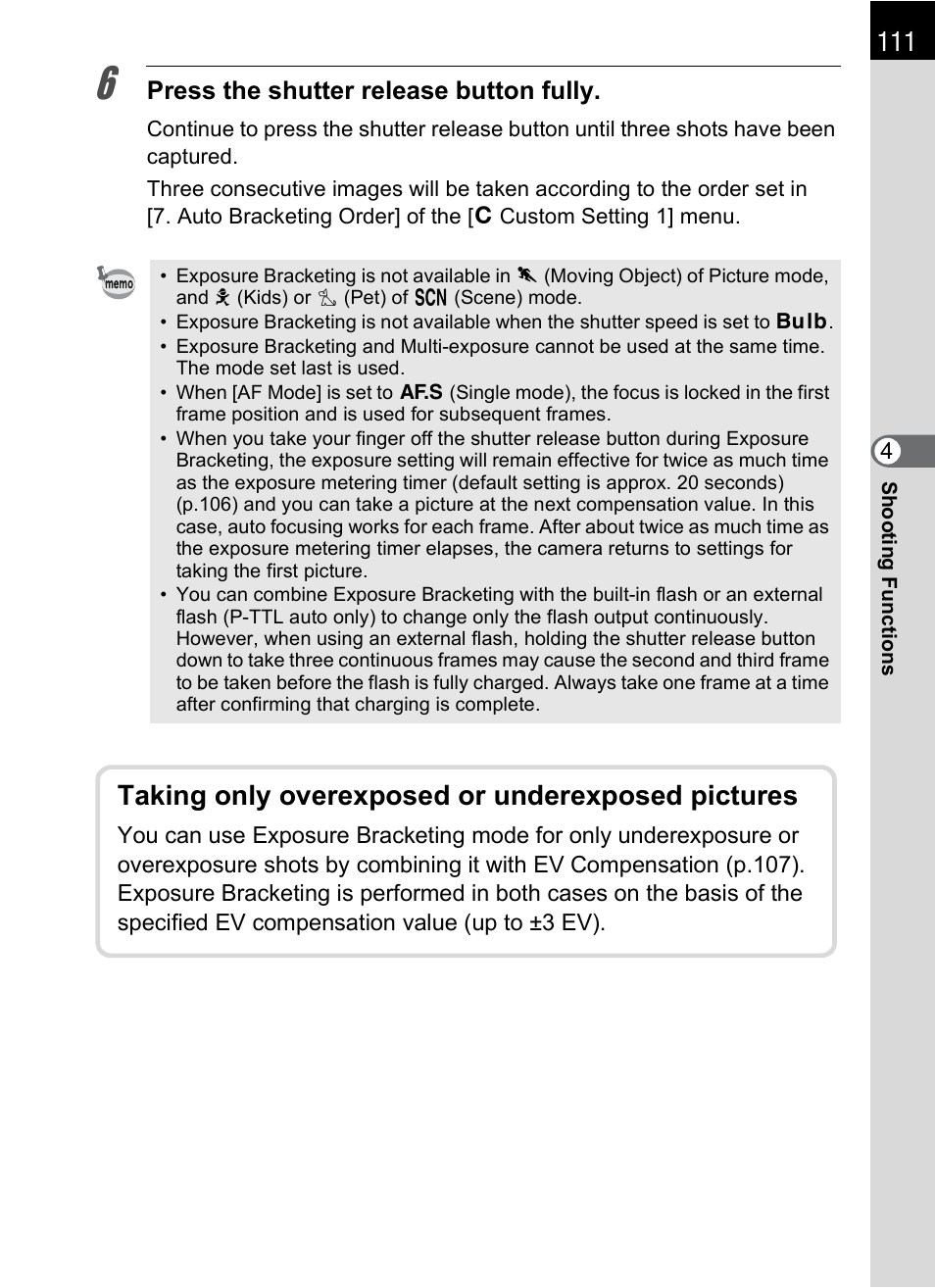 Taking only overexposed or underexposed pictures | Pentax K-X User Manual | Page 113 / 324