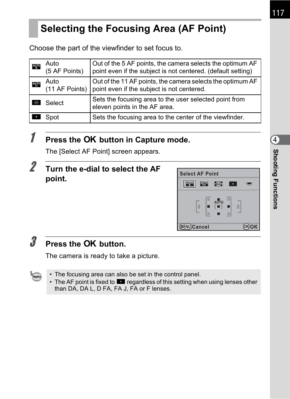 Selecting the focusing area (af point), P.117), P.117 | Pentax K-X User Manual | Page 119 / 324