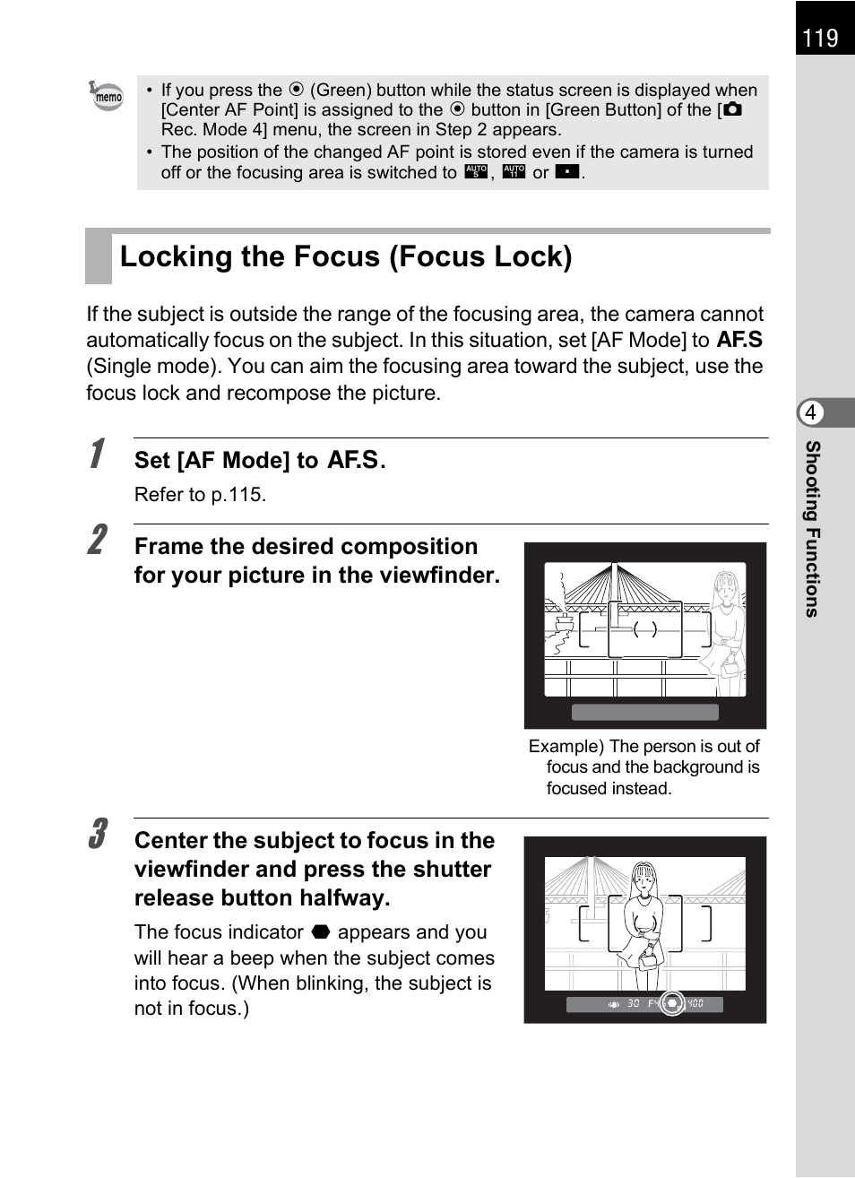 Locking the focus (focus lock) | Pentax K-X User Manual | Page 121 / 324