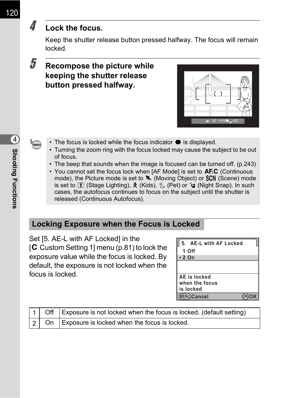 P.120, P.120), Lock the focus | Locking exposure when the focus is locked | Pentax K-X User Manual | Page 122 / 324