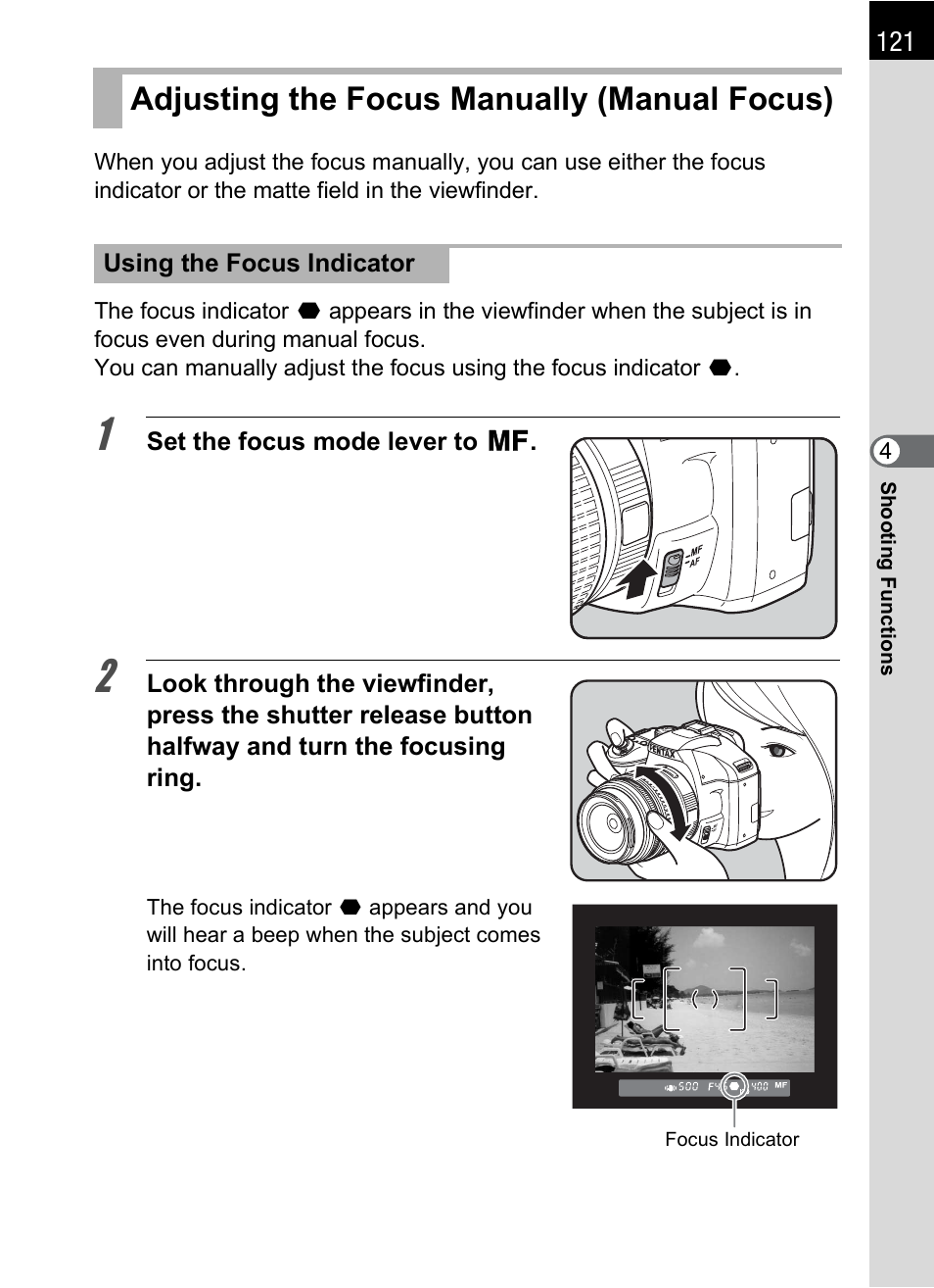 Adjusting the focus manually (manual focus), P.121) | Pentax K-X User Manual | Page 123 / 324