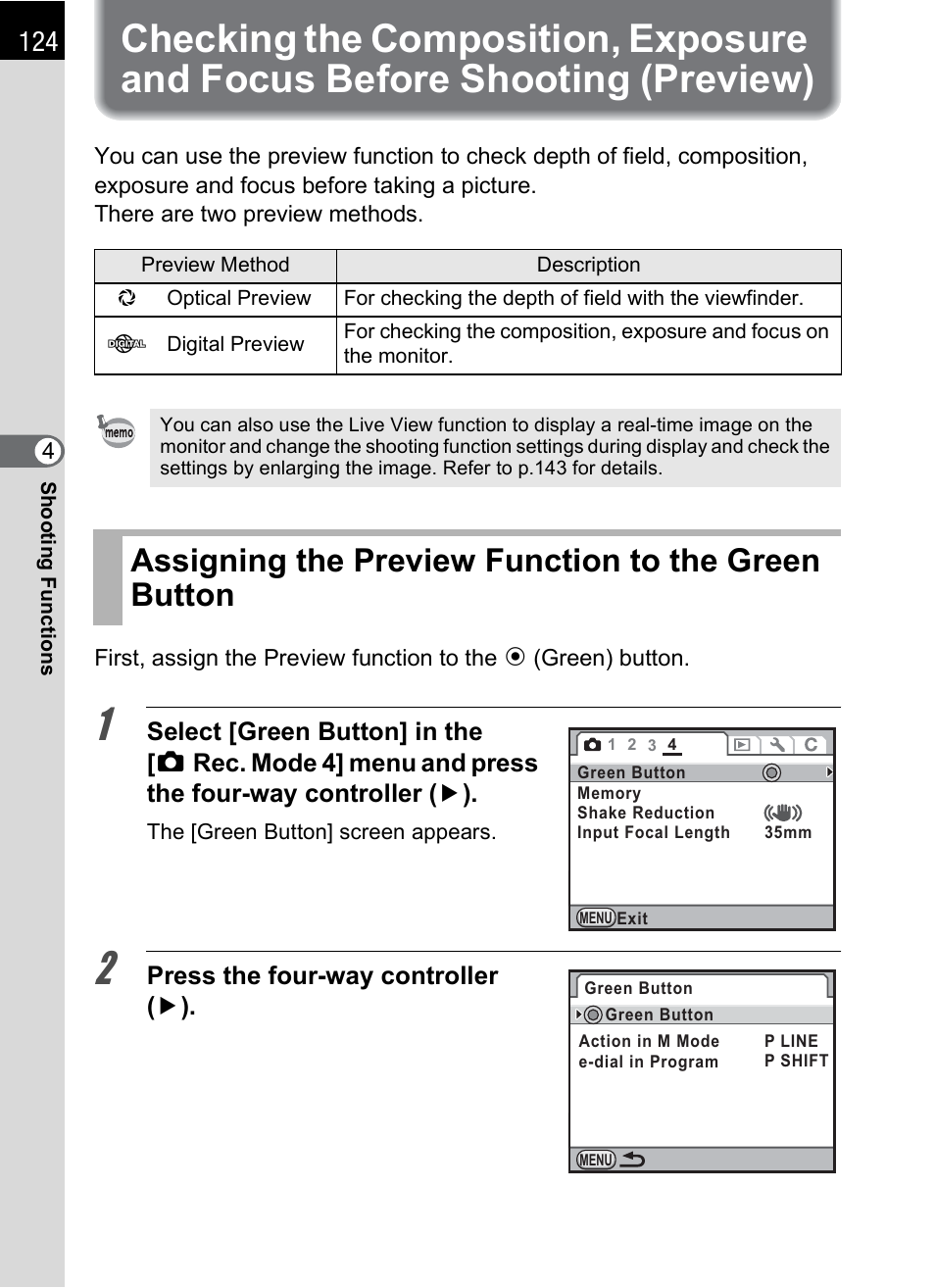 Assigning the preview function to the green button, Shooting (preview), P.124) | Pentax K-X User Manual | Page 126 / 324