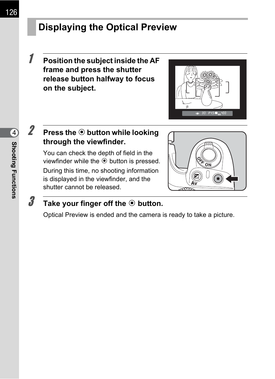 Displaying the optical preview | Pentax K-X User Manual | Page 128 / 324