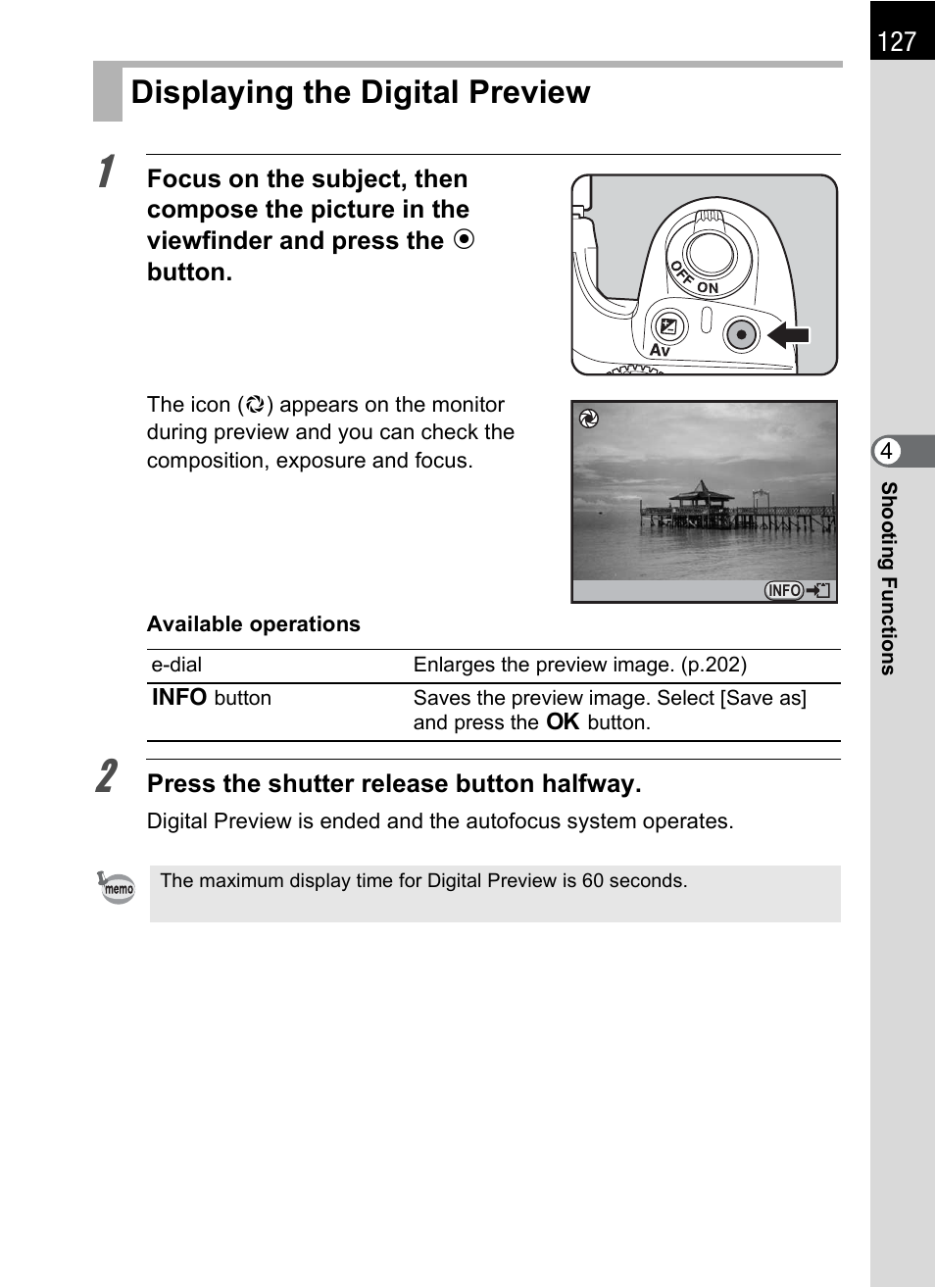 Displaying the digital preview | Pentax K-X User Manual | Page 129 / 324