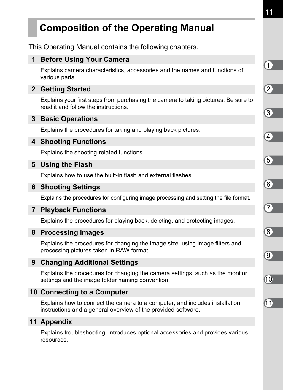 Composition of the operating manual | Pentax K-X User Manual | Page 13 / 324