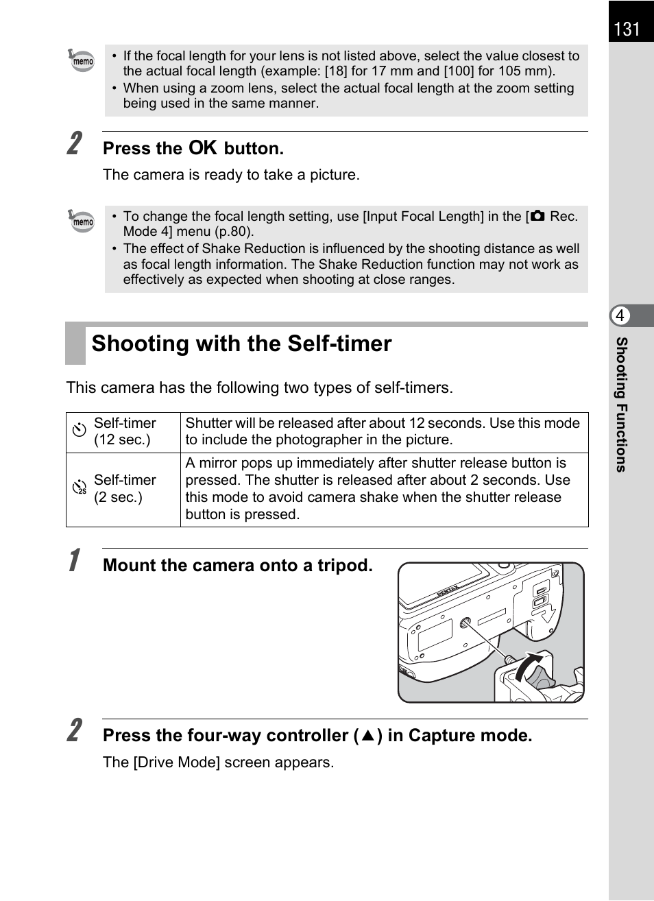 Shooting with the self-timer, P.131 | Pentax K-X User Manual | Page 133 / 324