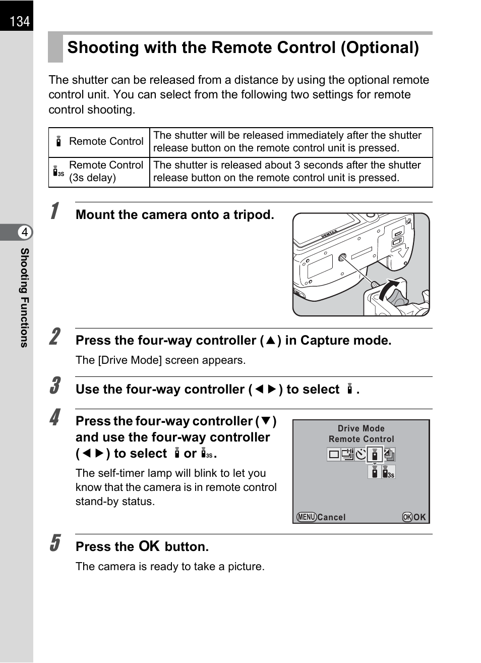 Shooting with the remote control (optional), P.134 | Pentax K-X User Manual | Page 136 / 324