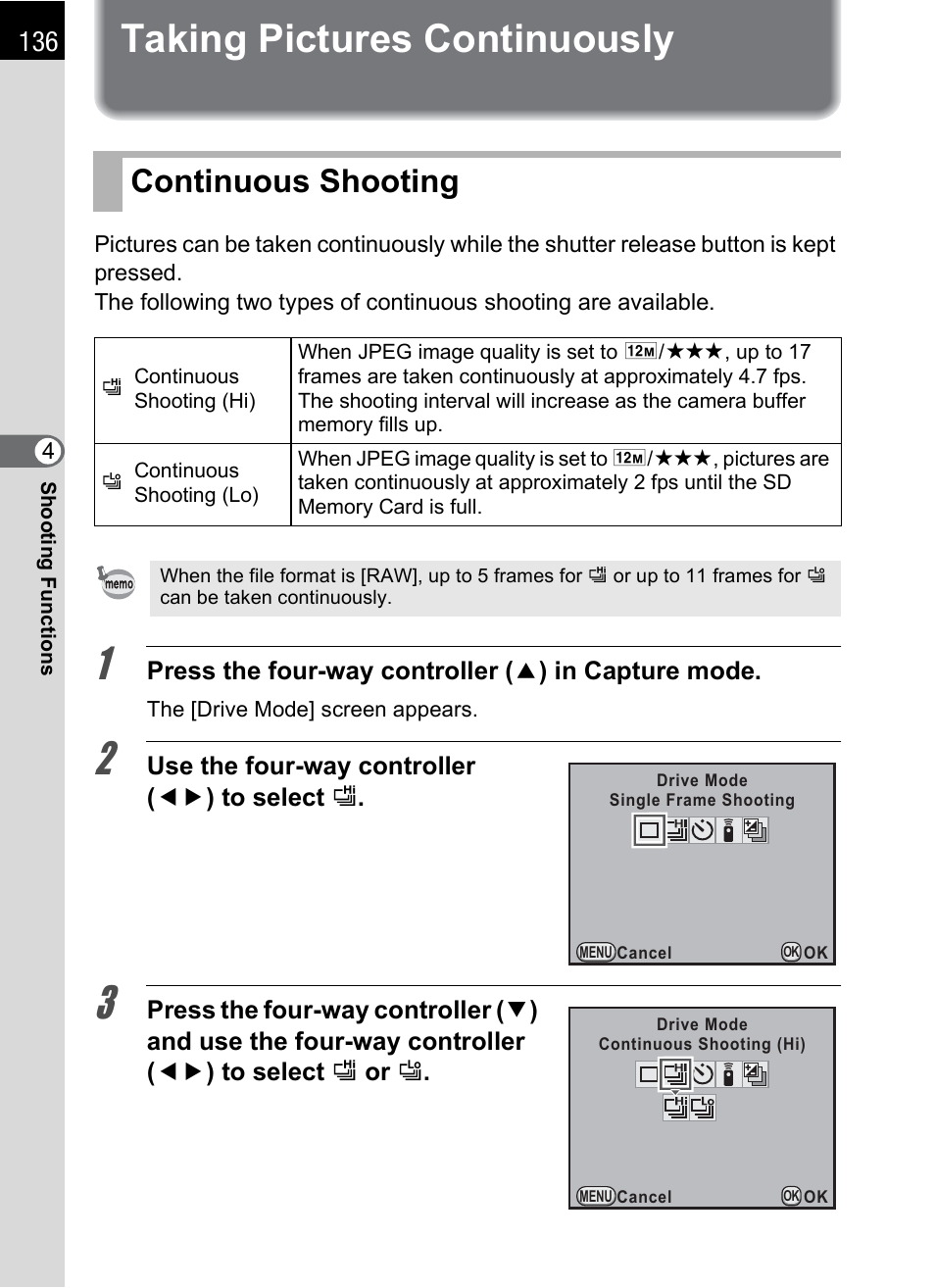 Taking pictures continuously, Continuous shooting, P.136 | Pentax K-X User Manual | Page 138 / 324