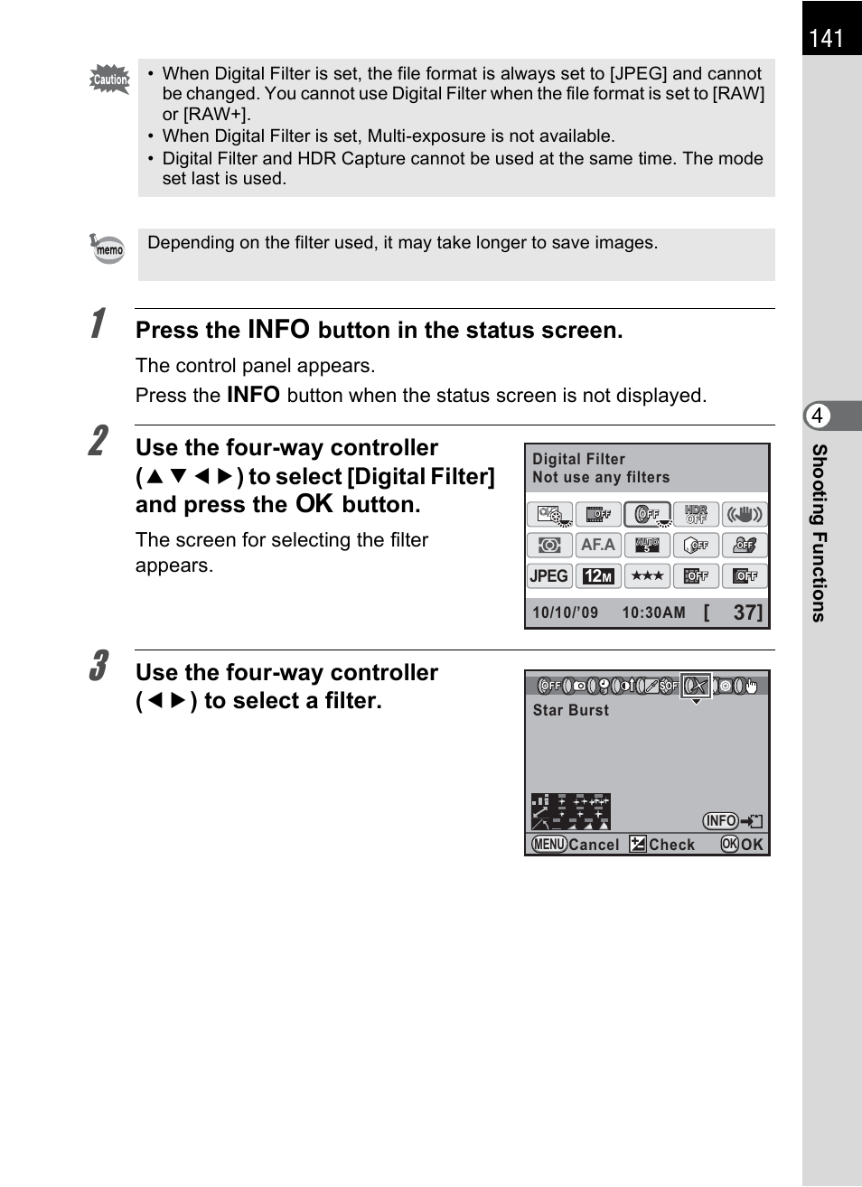 Press the m button in the status screen | Pentax K-X User Manual | Page 143 / 324