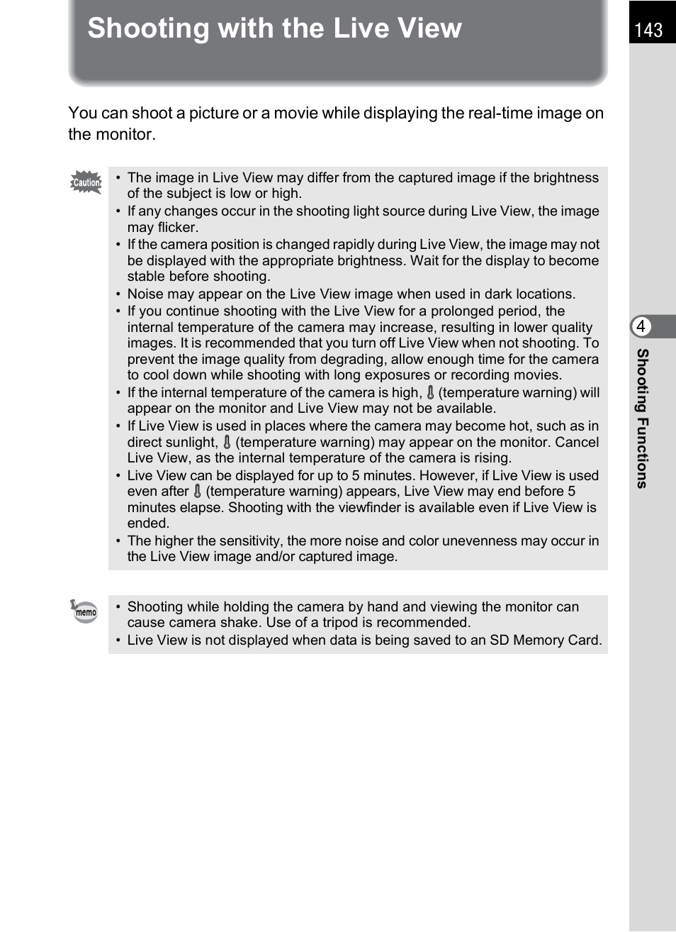 Shooting with the live view, P.143) | Pentax K-X User Manual | Page 145 / 324