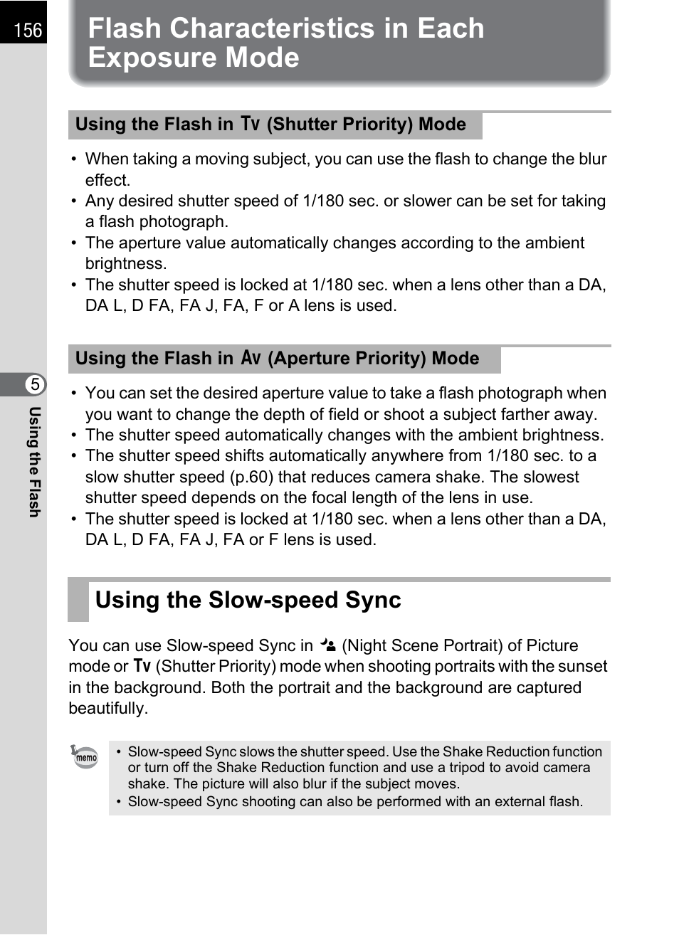 Flash characteristics in each exposure mode, Using the slow-speed sync | Pentax K-X User Manual | Page 158 / 324