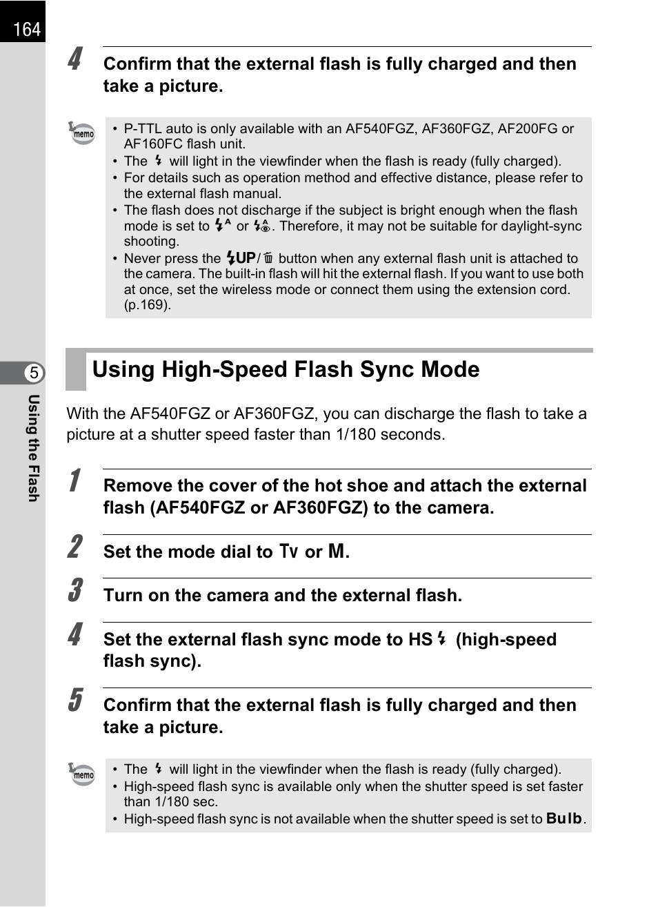 Using high-speed flash sync mode | Pentax K-X User Manual | Page 166 / 324