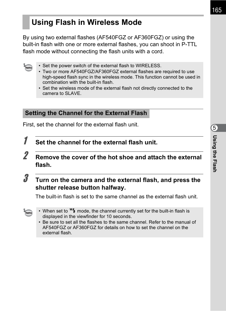 Using flash in wireless mode | Pentax K-X User Manual | Page 167 / 324