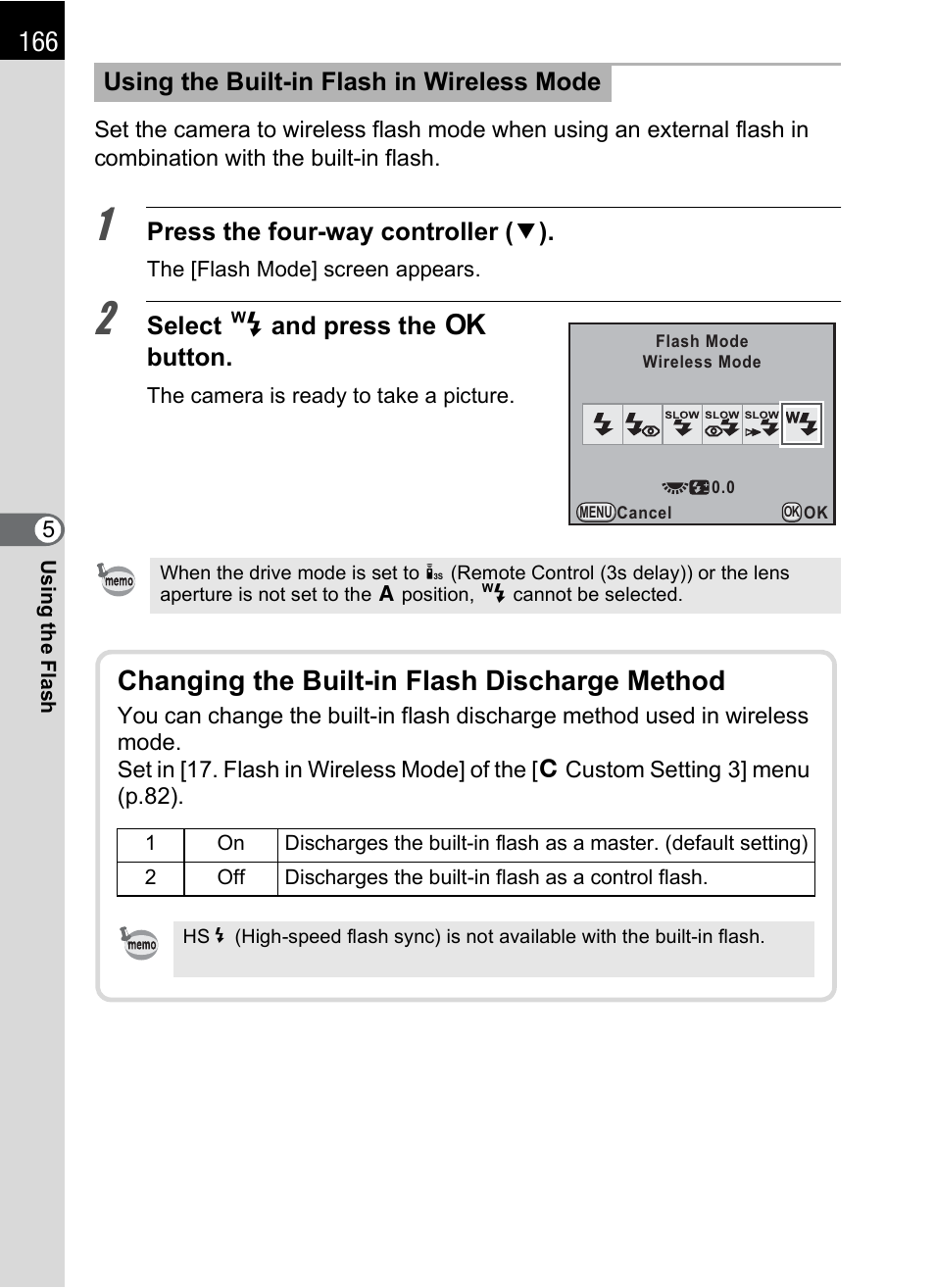 P.166, Changing the built-in flash discharge method | Pentax K-X User Manual | Page 168 / 324