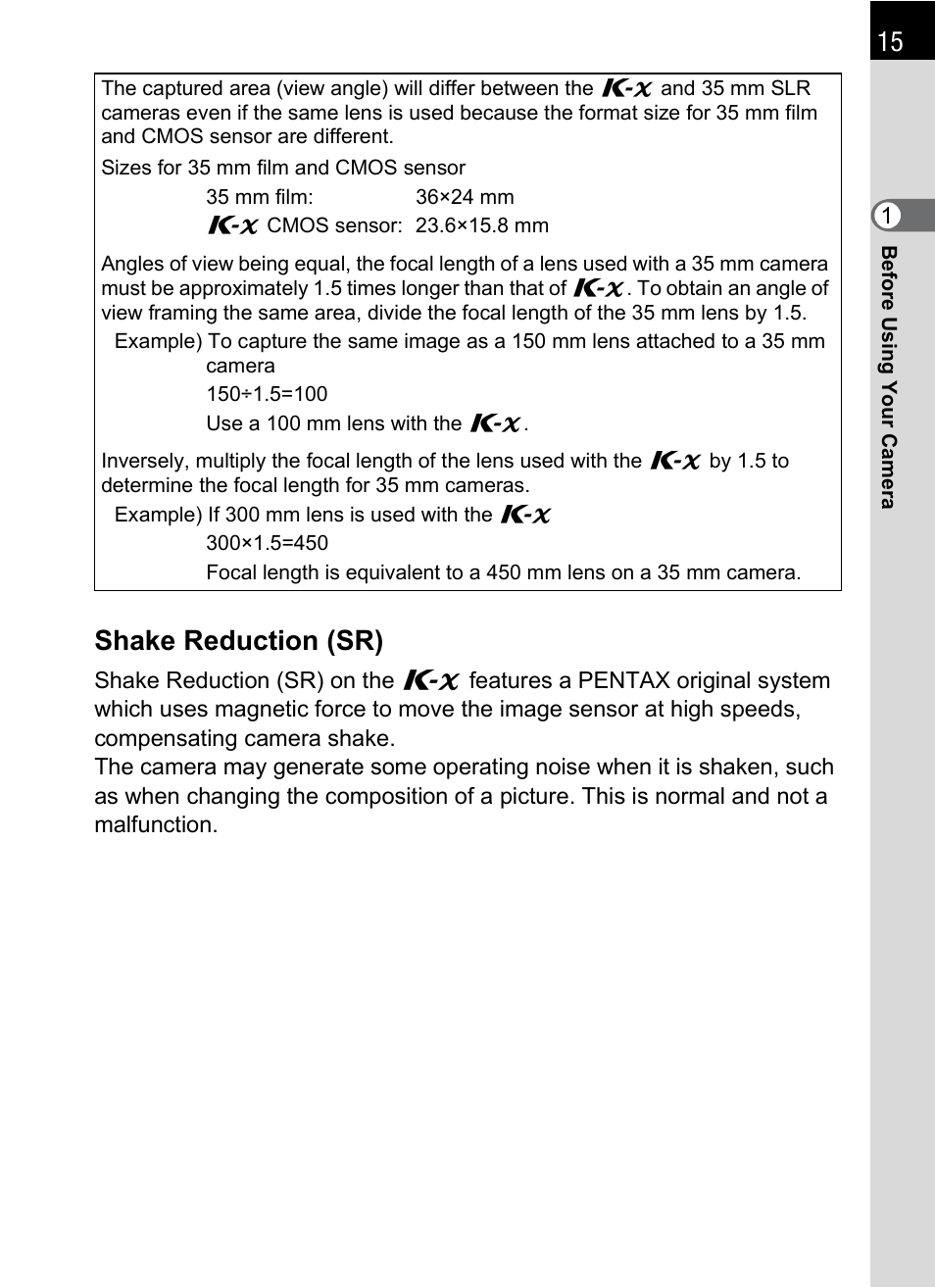 15 shake reduction (sr) | Pentax K-X User Manual | Page 17 / 324