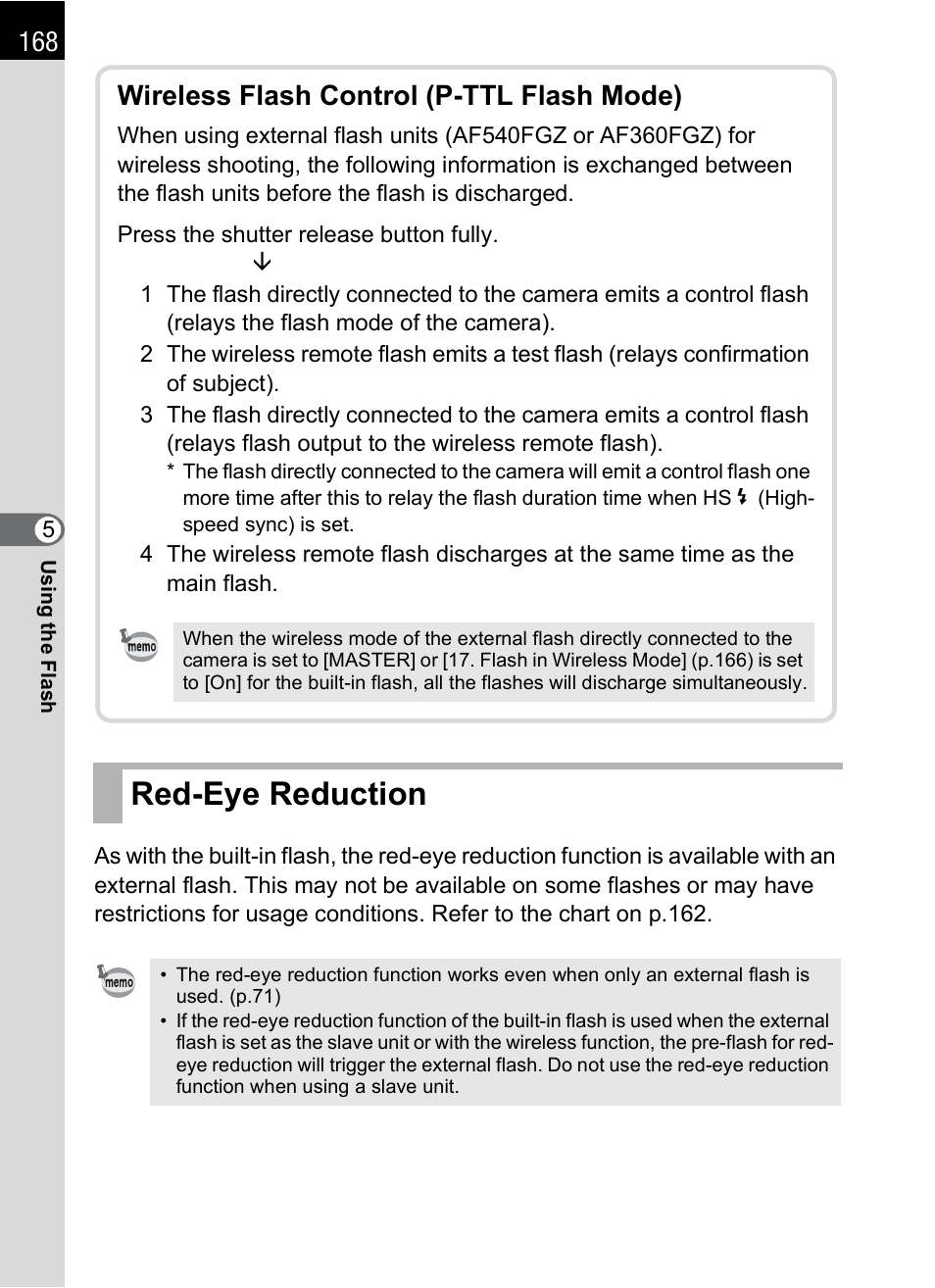 Red-eye reduction, Wireless flash control (p-ttl flash mode) | Pentax K-X User Manual | Page 170 / 324