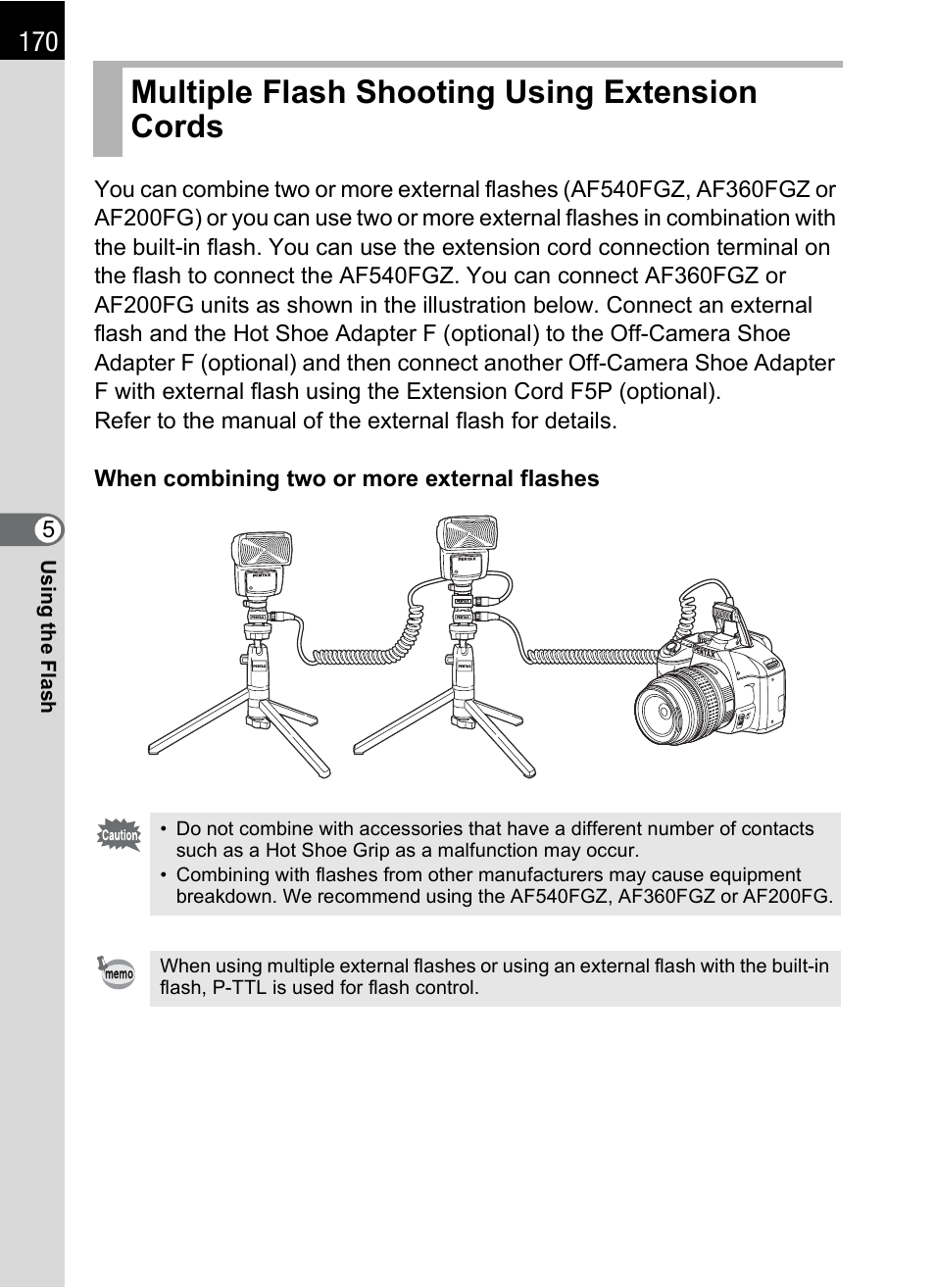 Multiple flash shooting using extension cords | Pentax K-X User Manual | Page 172 / 324