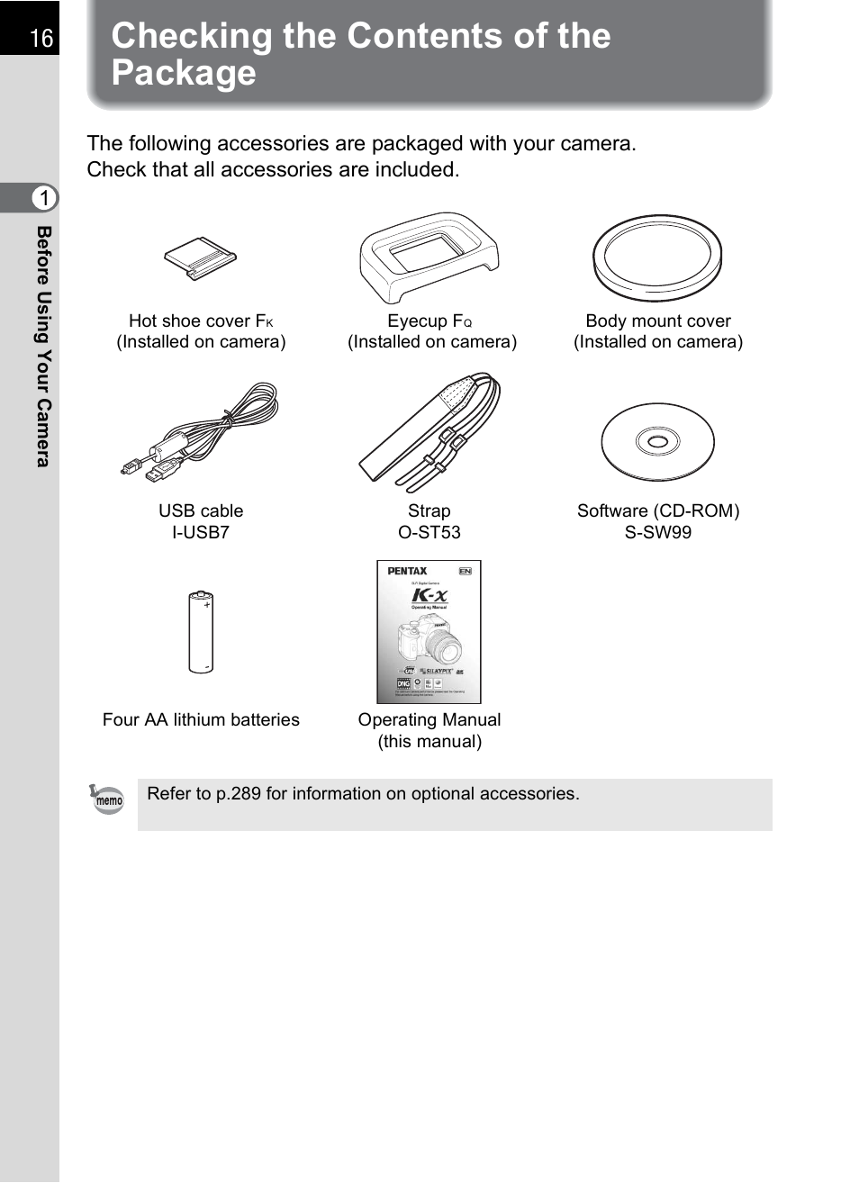 Checking the contents of the package | Pentax K-X User Manual | Page 18 / 324