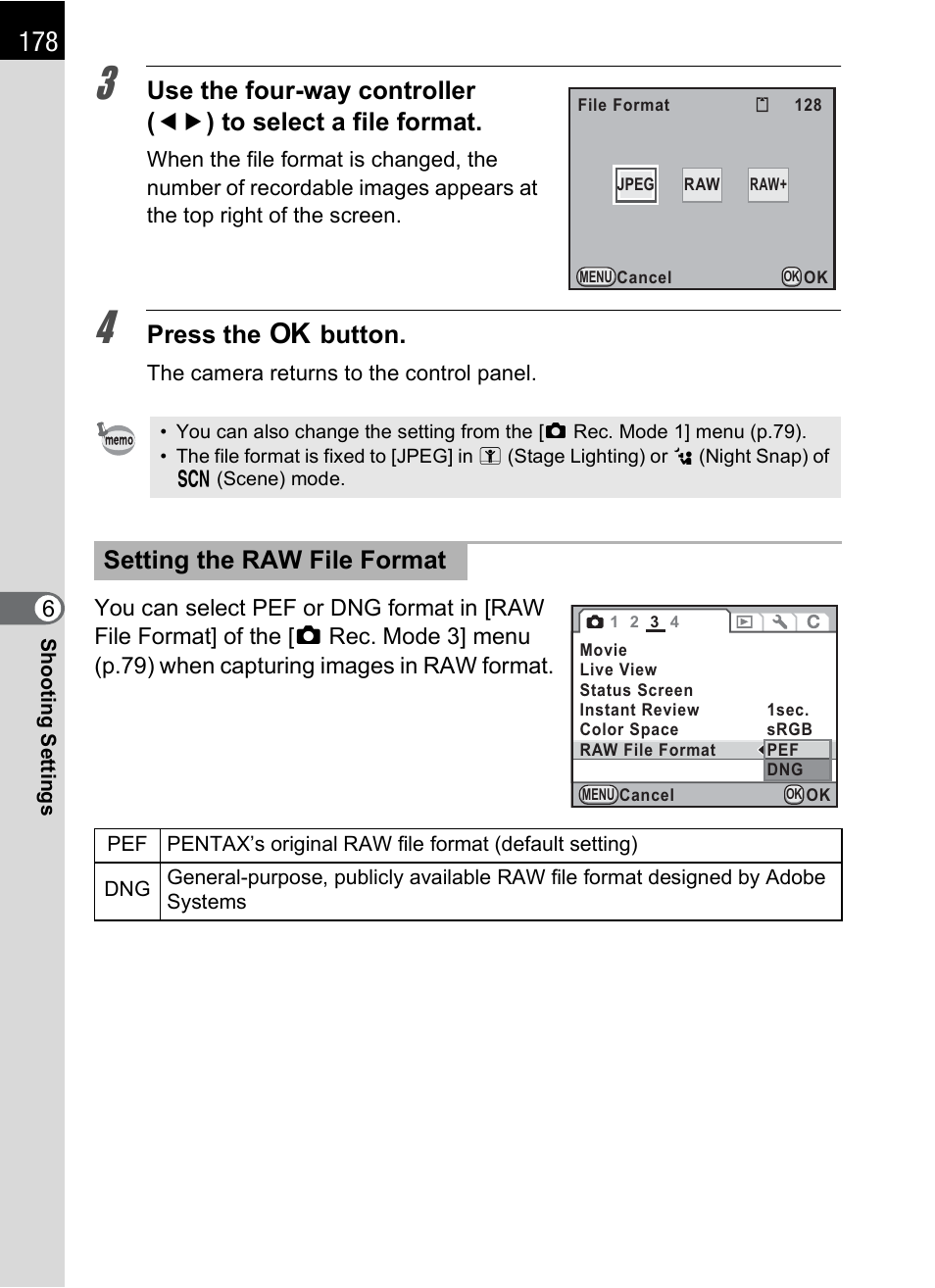 P.178, Press the 4 button, Setting the raw file format | Pentax K-X User Manual | Page 180 / 324