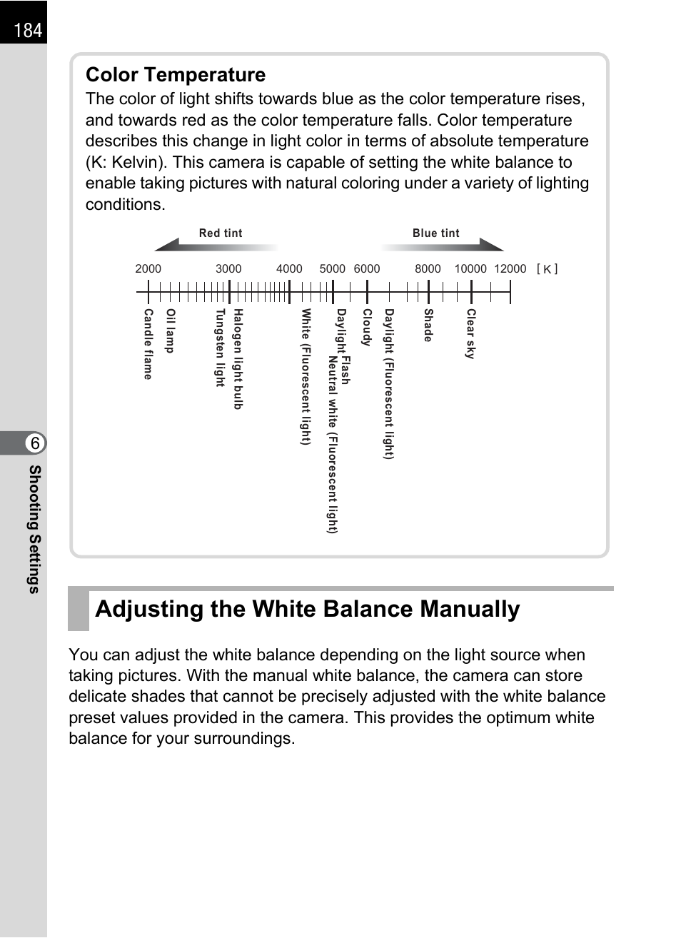 Adjusting the white balance manually, Color temperature | Pentax K-X User Manual | Page 186 / 324