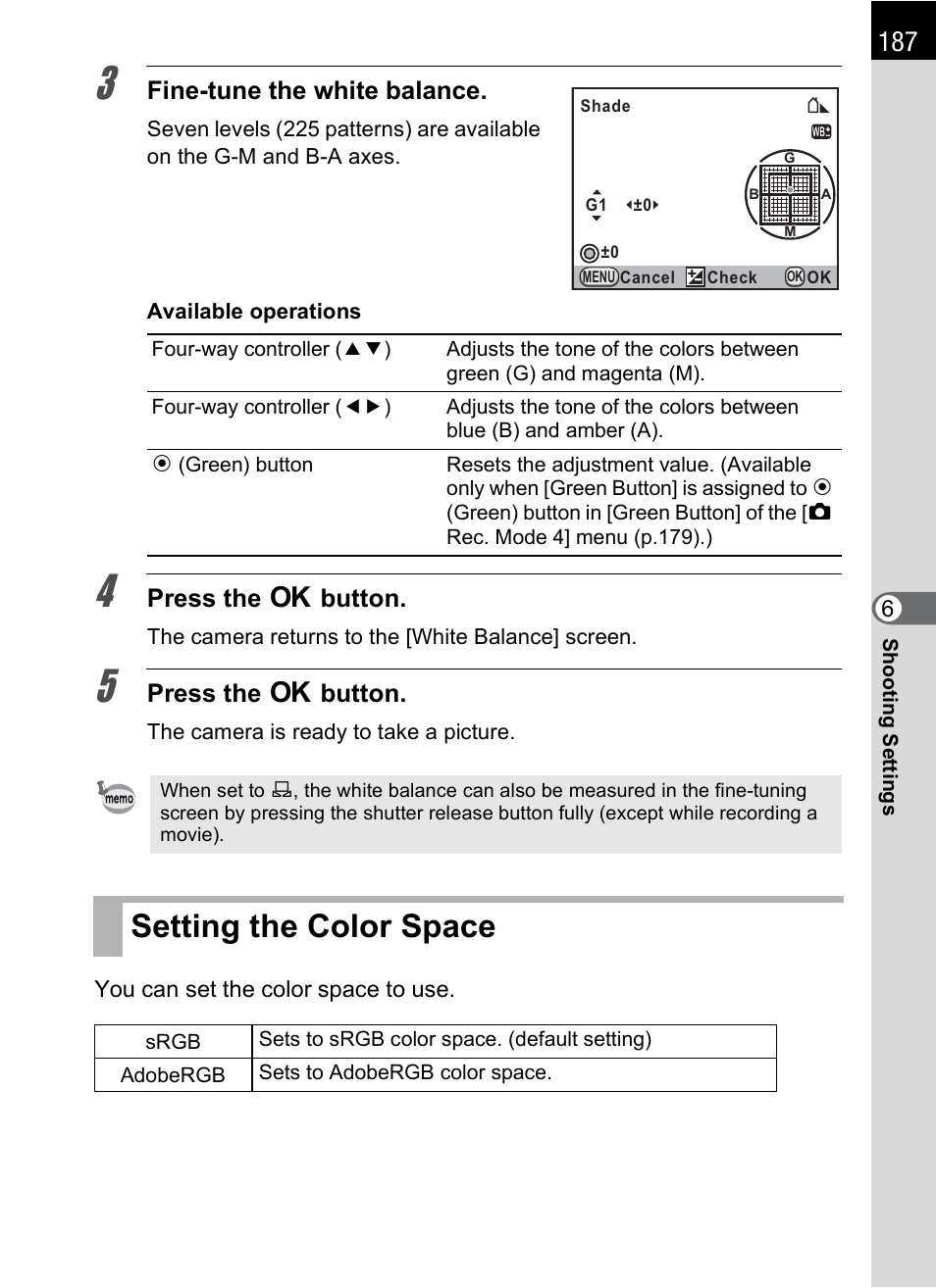 Setting the color space, E (p.187), P.187 | Fine-tune the white balance, Press the 4 button | Pentax K-X User Manual | Page 189 / 324