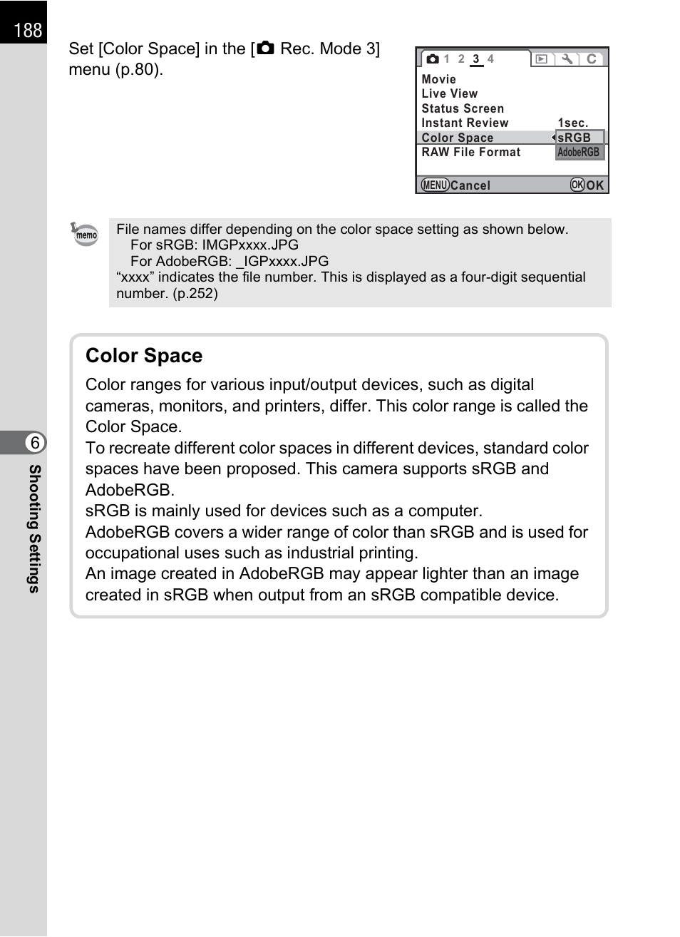 Color space | Pentax K-X User Manual | Page 190 / 324