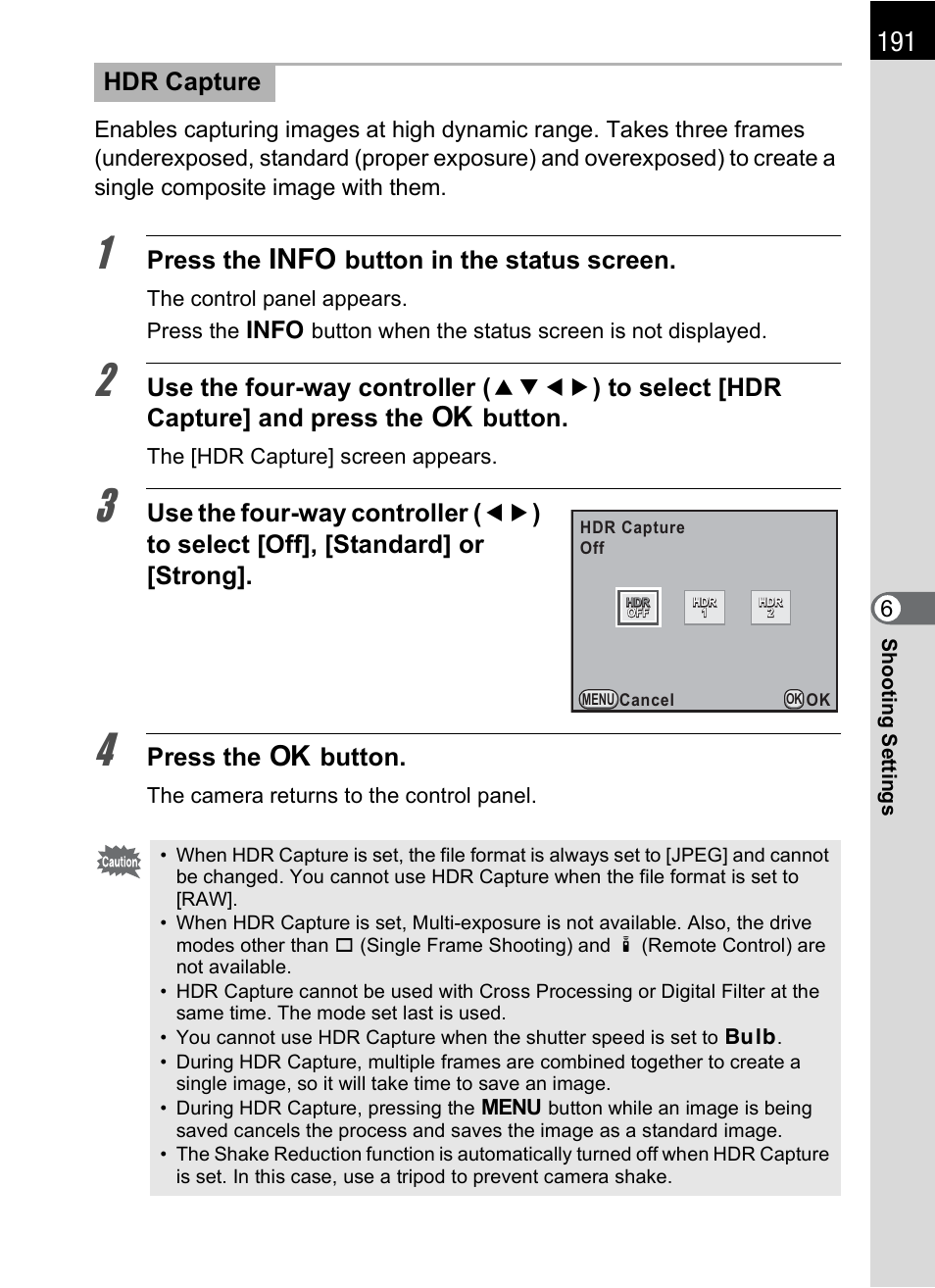 Ure (p.191), P.191), P.191 | Ure (p.191) or cros, Press the m button in the status screen, Press the 4 button, Hdr capture | Pentax K-X User Manual | Page 193 / 324