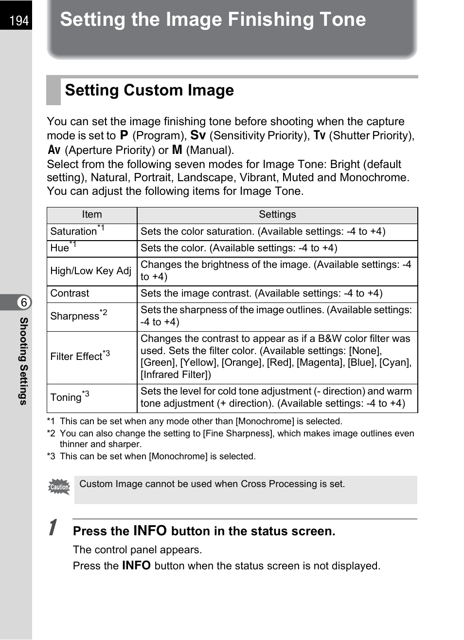 Setting the image finishing tone, Setting custom image, P.194) | One (p.194), P.194 | Pentax K-X User Manual | Page 196 / 324