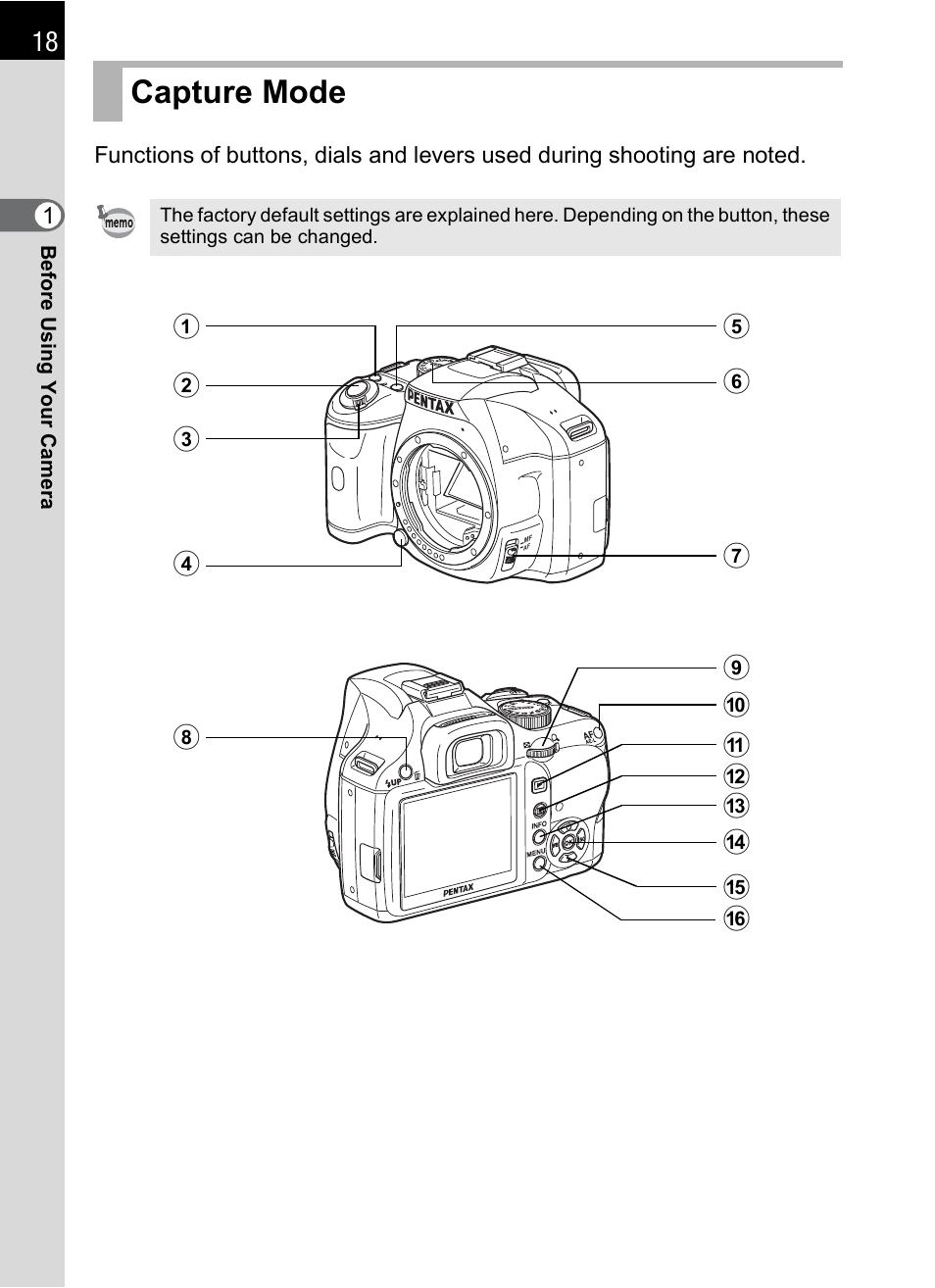 Capture mode | Pentax K-X User Manual | Page 20 / 324