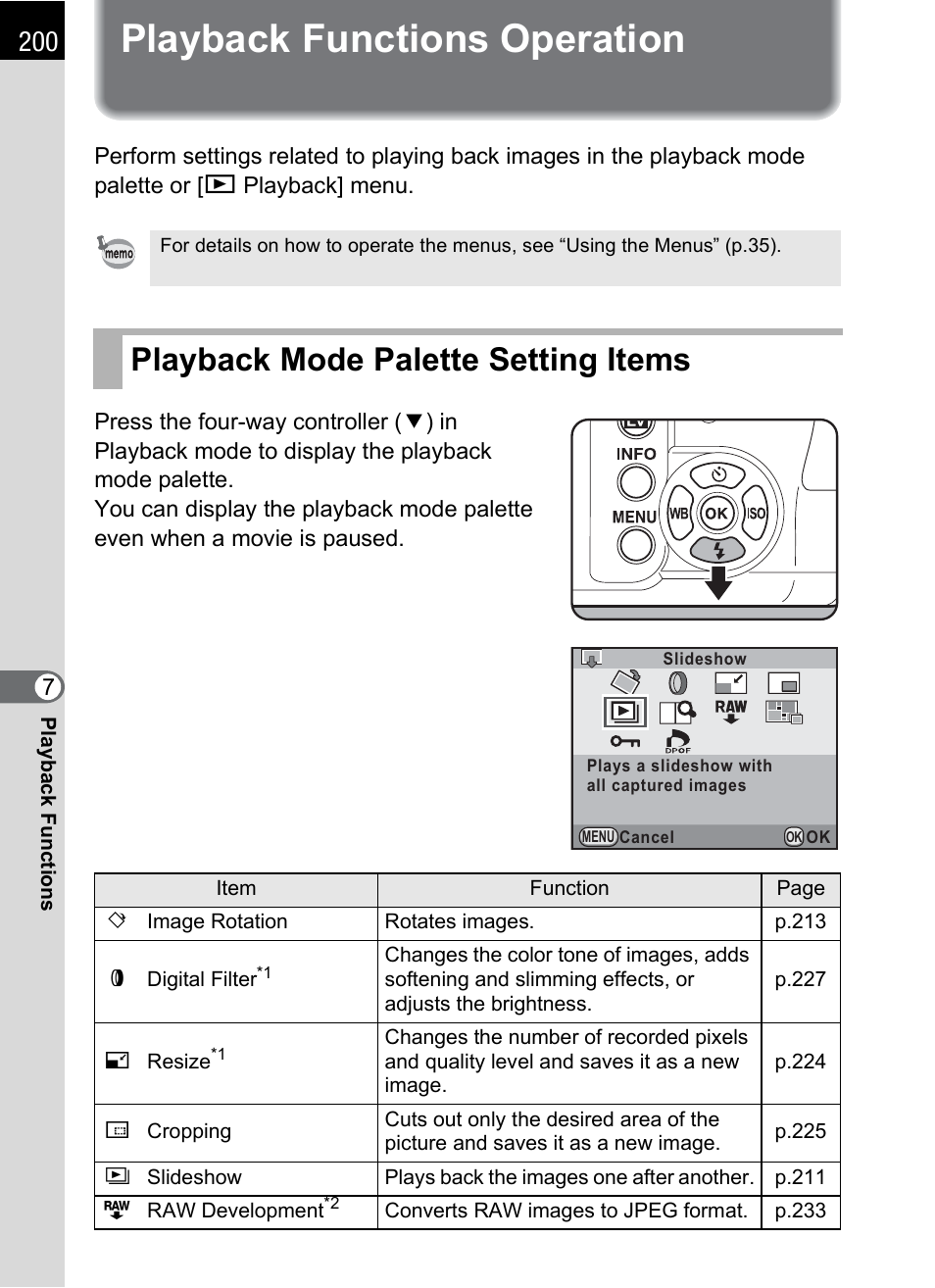 Playback functions operation, Playback mode palette setting items | Pentax K-X User Manual | Page 202 / 324