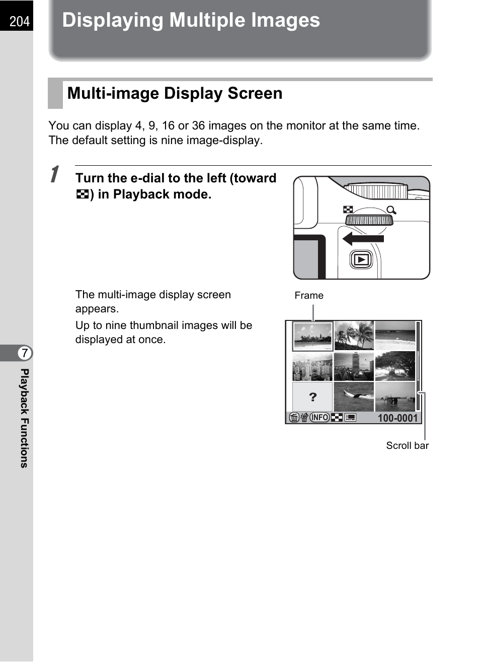 Displaying multiple images, Multi-image display screen, P.204) | Pentax K-X User Manual | Page 206 / 324
