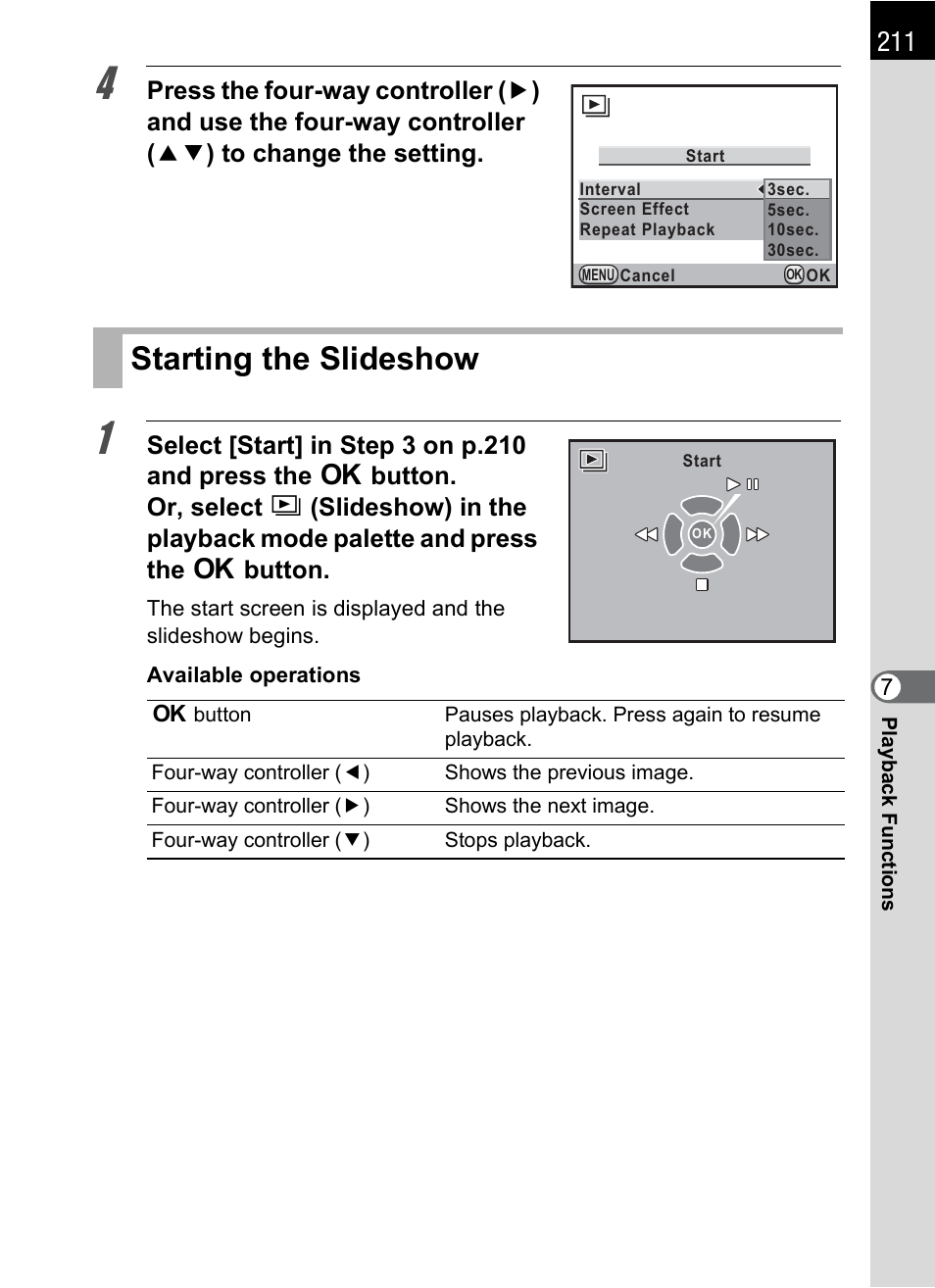 Starting the slideshow, P.211 | Pentax K-X User Manual | Page 213 / 324