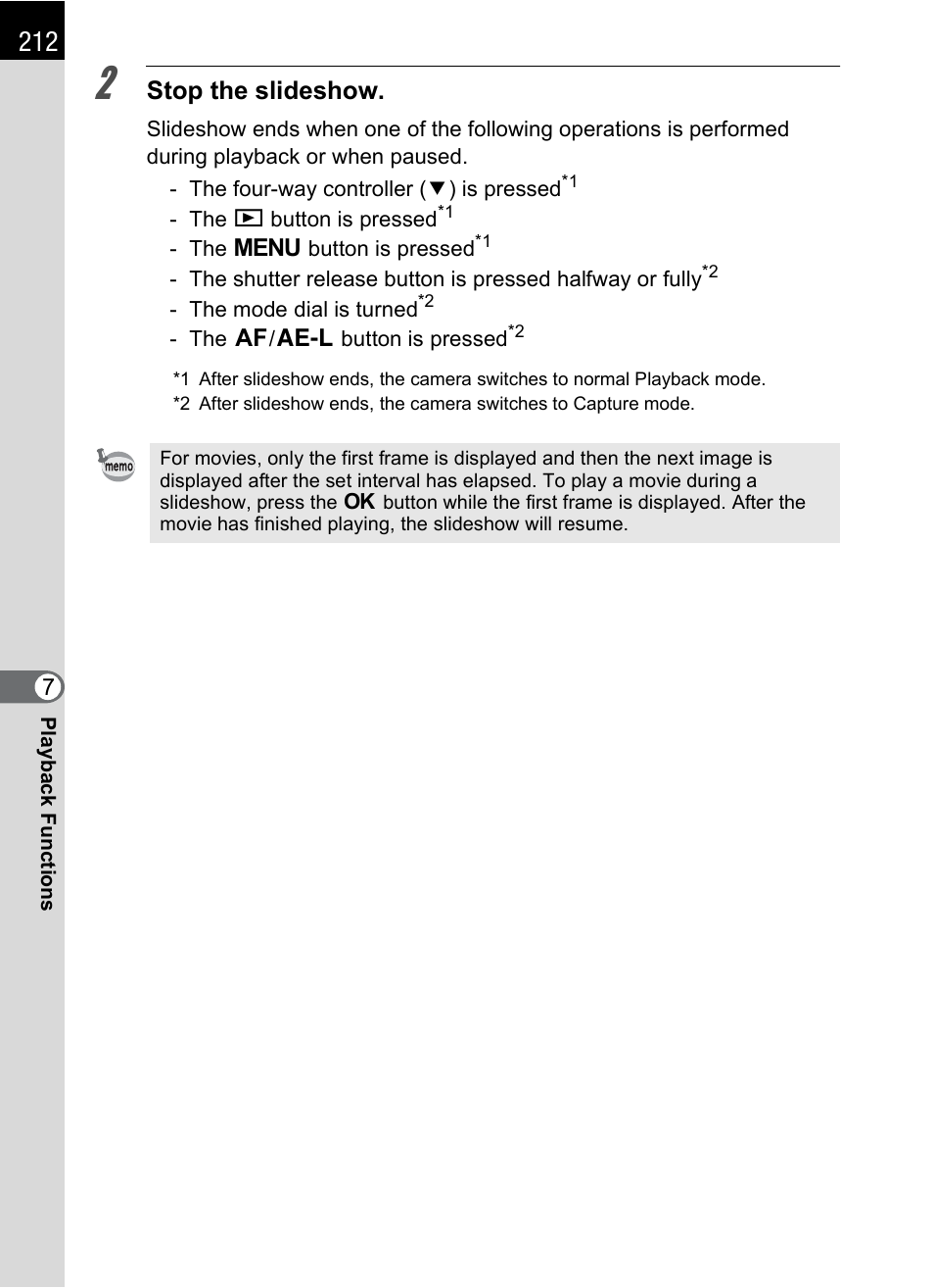 Stop the slideshow | Pentax K-X User Manual | Page 214 / 324