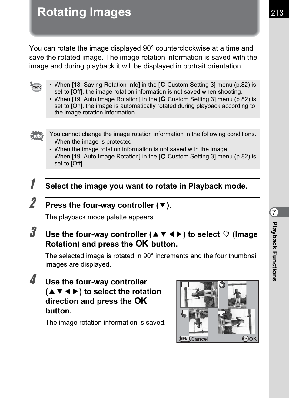 Rotating images, P.213), P.213 | Pentax K-X User Manual | Page 215 / 324